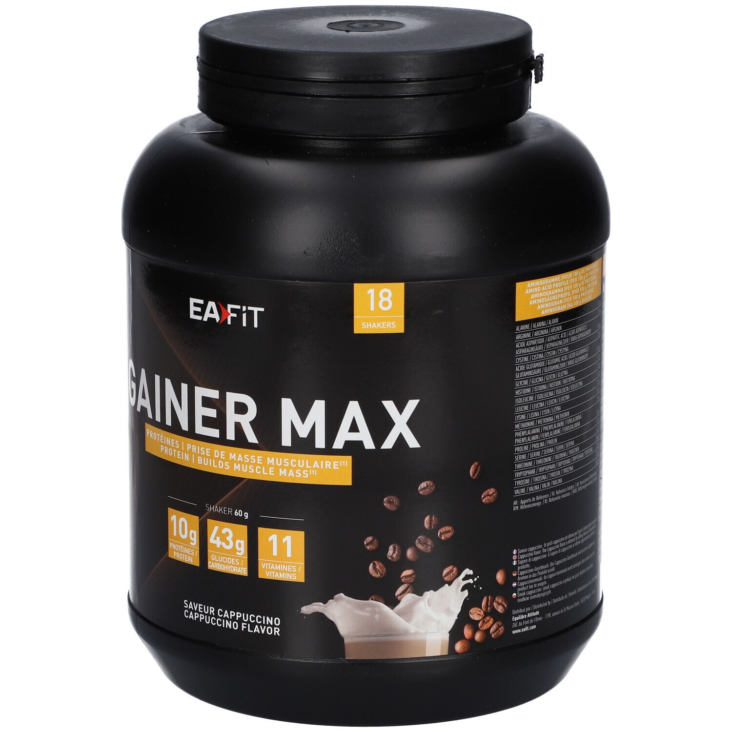 Schwarzer Behälter mit EAFIT GAINER MAX Cappuccino. Aufschrift: 18 Portionen, 10g, 43g, 11. Abbildung: Kaffee und Milch.