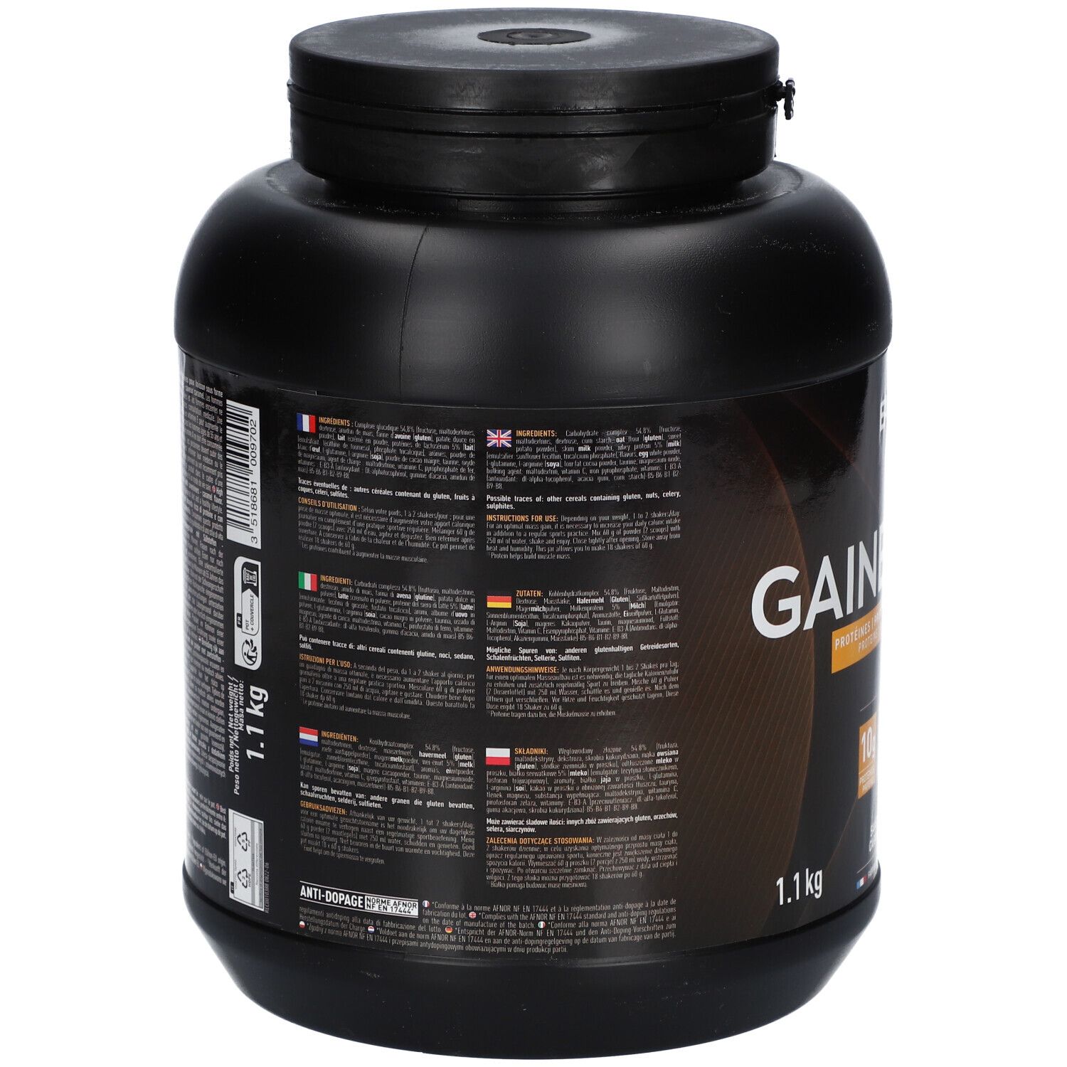 Schwarze Dose EAFIT GAINER MAX, Rückseite mit Text in mehreren Sprachen. Enthält 1,1 kg. Text in Deutsch, Englisch, Italienisch, Niederländisch, Polnisch.