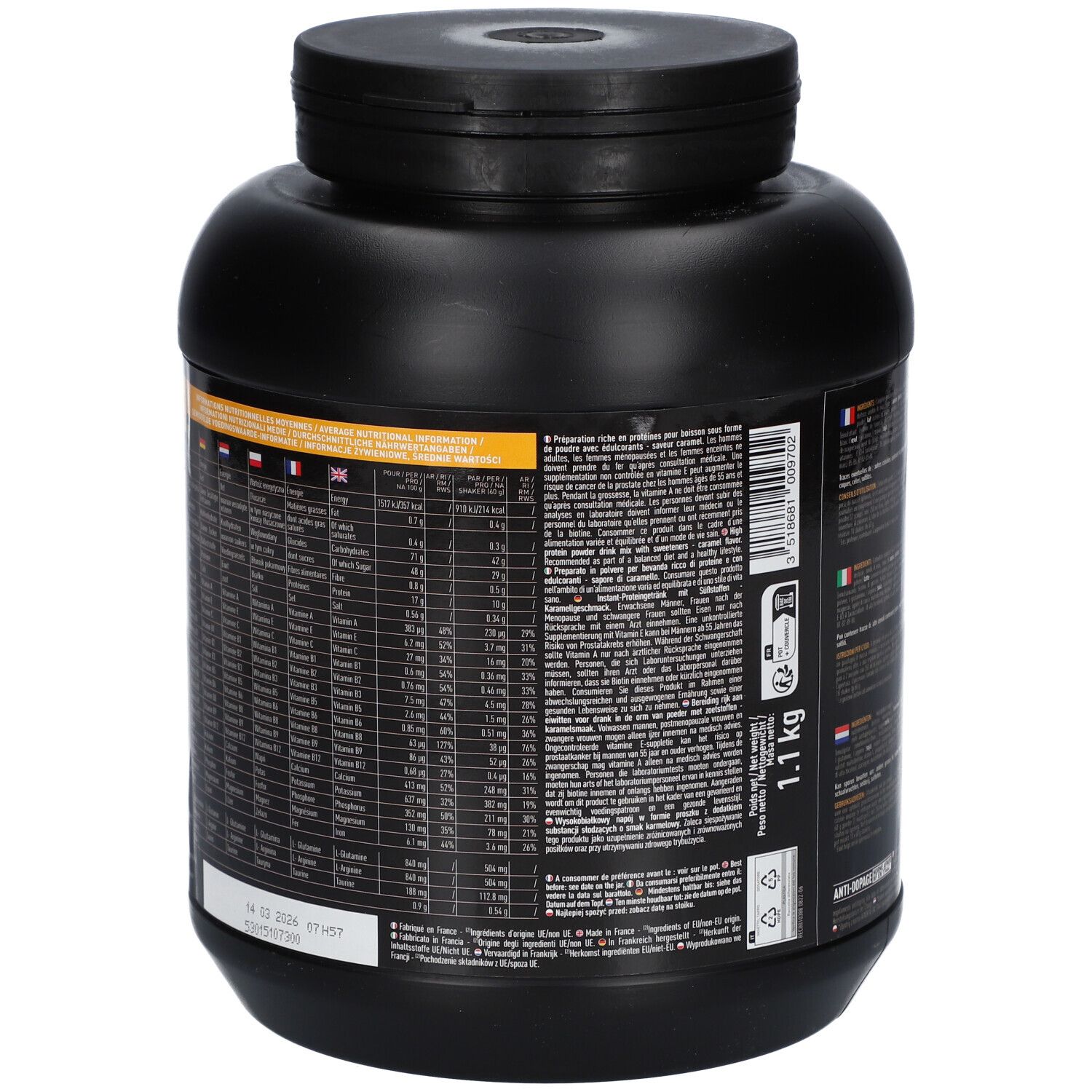 Schwarze Dose EAFIT GAINER MAX, Rückseite mit Nährwertangaben. Enthält 1,1 kg. Text in mehreren Sprachen. Barcode und Mindesthaltbarkeitsdatum.