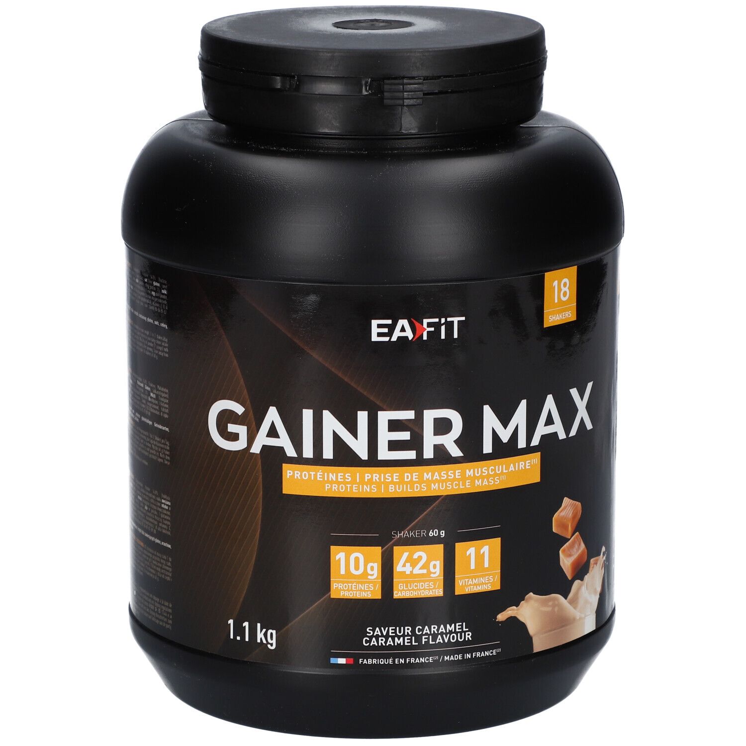 Schwarze Dose mit EAFIT GAINER MAX. Aufschrift GAINER MAX, 1.1 kg, Karamell-Geschmack. Enthält 10g Proteine, 42g Zucker, 11 Vitamine.