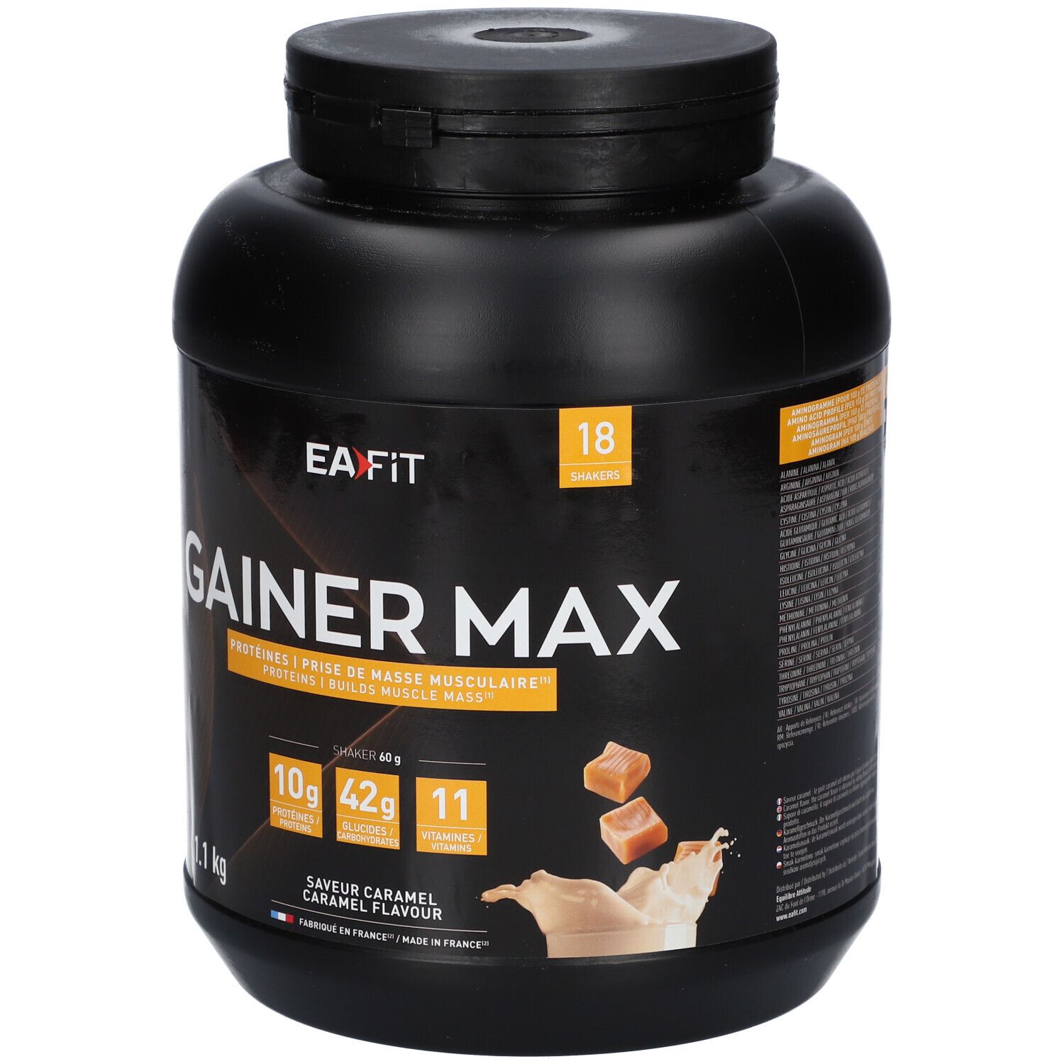 Schwarze Dose mit EAFIT GAINER MAX. Aufschrift GAINER MAX, 1.1 kg, Karamell-Geschmack. Enthält 10g Proteine, 42g Zucker, 11 Vitamine.