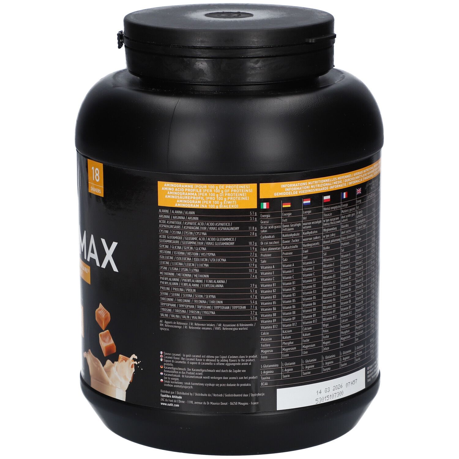 Schwarze Dose EAFIT GAINER MAX, Rückseite mit Nährwertangaben. Enthält 1,1 kg. Text in mehreren Sprachen. Barcode und Mindesthaltbarkeitsdatum.