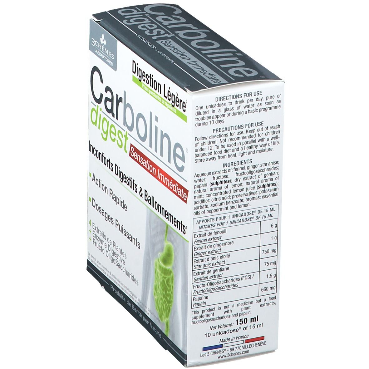 Boîte de Carboline digest. Inscriptions : "Digestion Légère", "Sensation Immédiate". Ingrédients et instructions de dosage visibles.