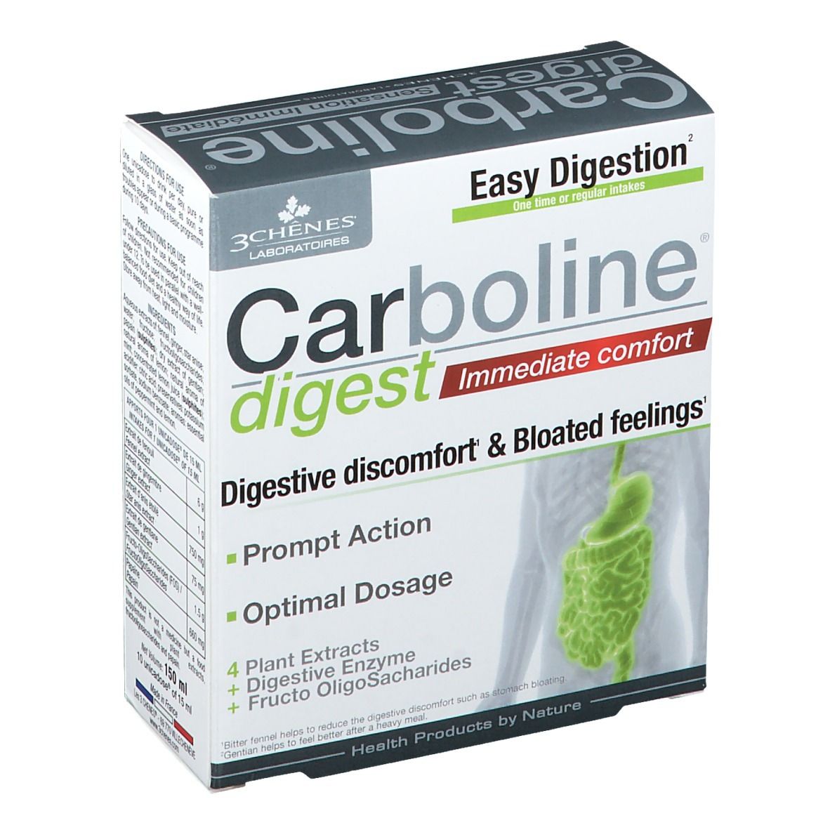 Boîte Carboline digest. Inscriptions : "Easy Digestion", "Immediate comfort". Illustration du système digestif. Informations produit.