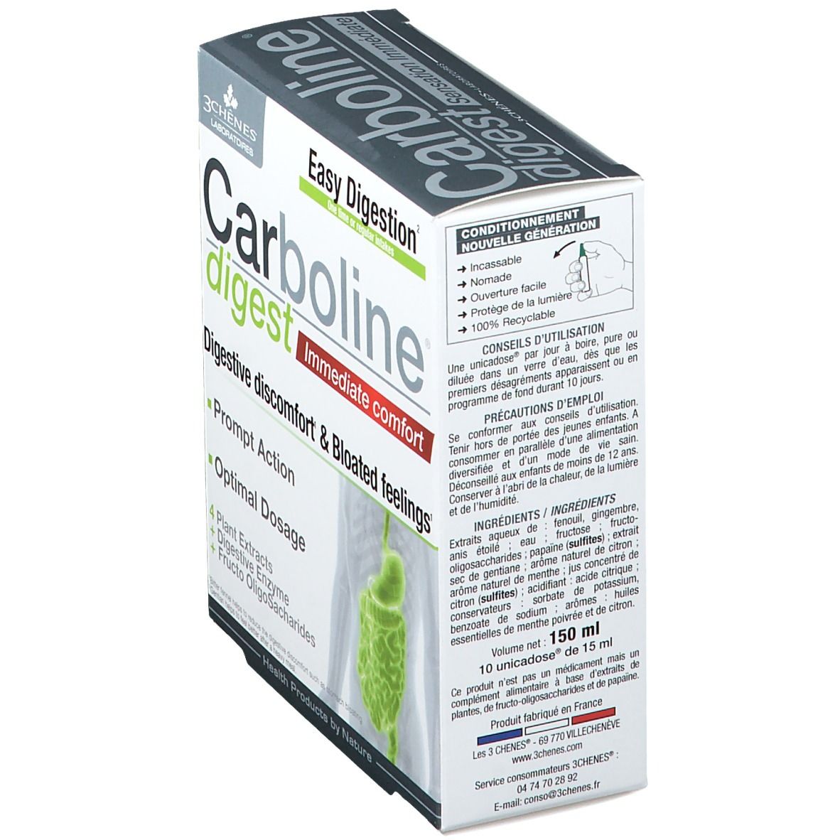 Boîte Carboline digest. Inscriptions : "Easy Digestion", "Immediate comfort". Illustration du système digestif. Informations produit.