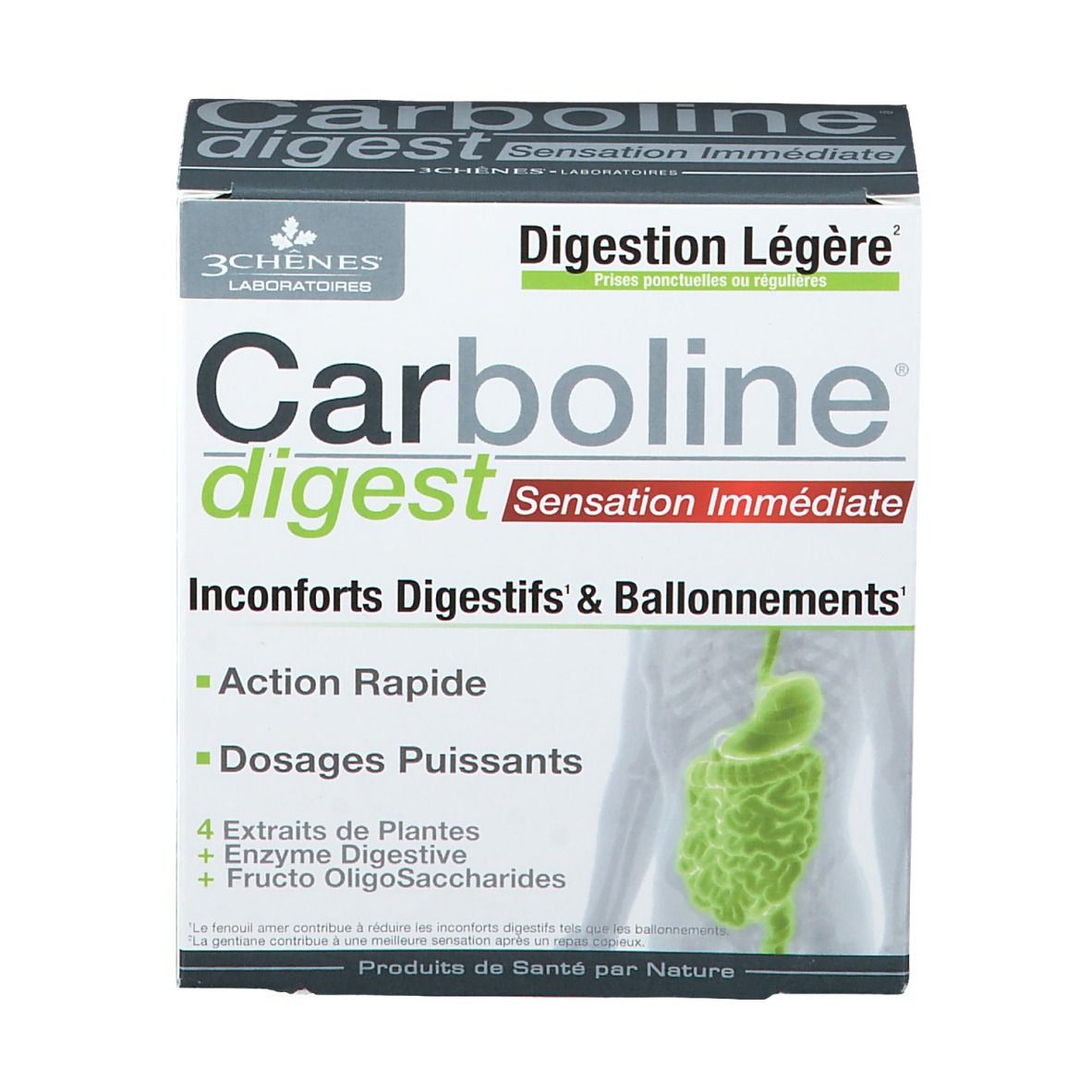Boîte Carboline digest. Inscriptions : "Digestion Légère", "Sensation Immédiate". Informations produit et illustration du système digestif.