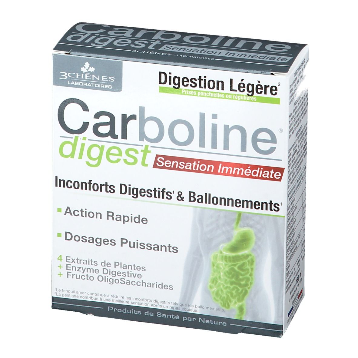 Boîte Carboline digest. Inscriptions : "Digestion Légère", "Sensation Immédiate". Informations produit et illustration du système digestif.