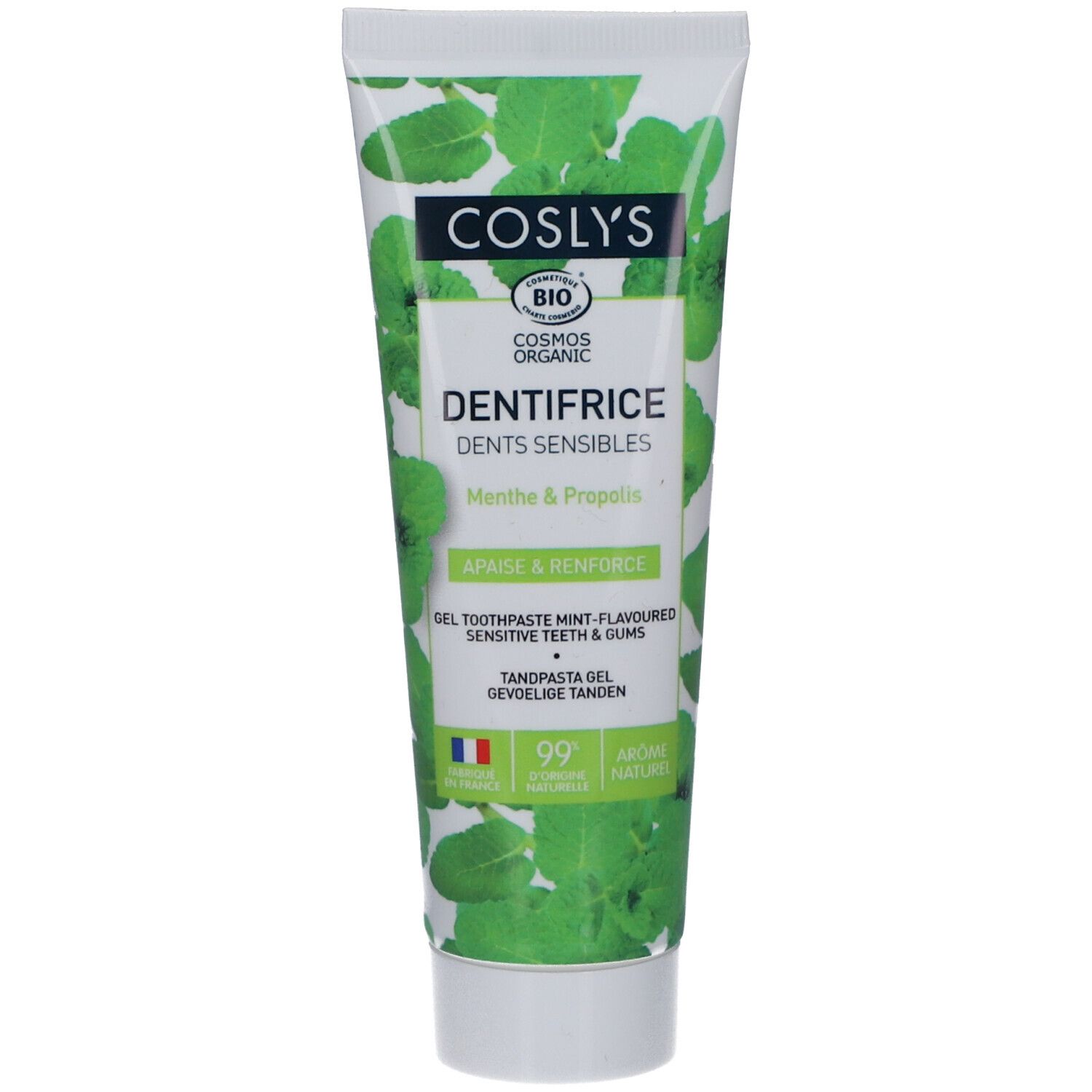 Tube de dentifrice COSLYS, design vert. Ingrédients : menthe et propolis. Certifié bio.