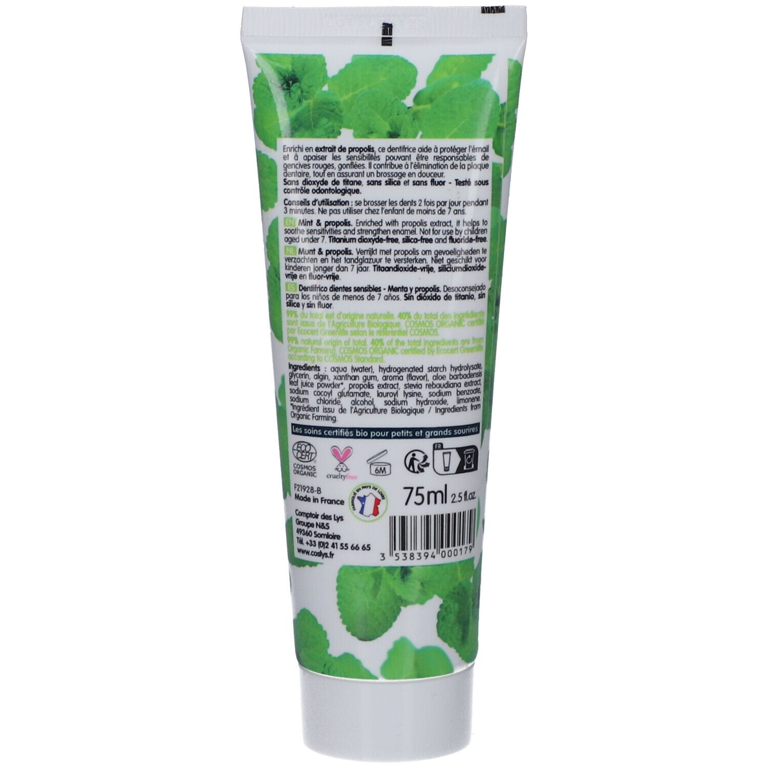 Dos du tube de dentifrice. Informations sur les ingrédients et l'utilisation. 75ml.