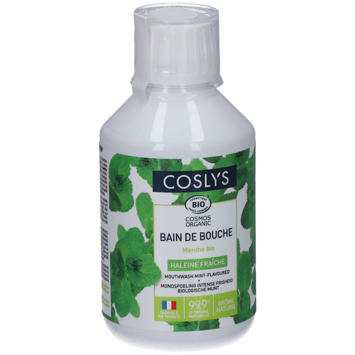 Flacon blanc avec étiquette verte. Inscription: COSLYS, BIO, Bain de Bouche, Menthe bio. Labels bio français et européen.