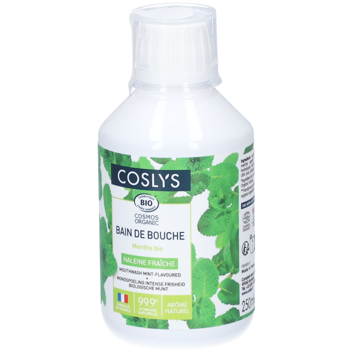 Flacon blanc avec étiquette verte. Inscription: COSLYS, BIO, Bain de Bouche, Menthe bio. Labels bio français et européen. 250ml.