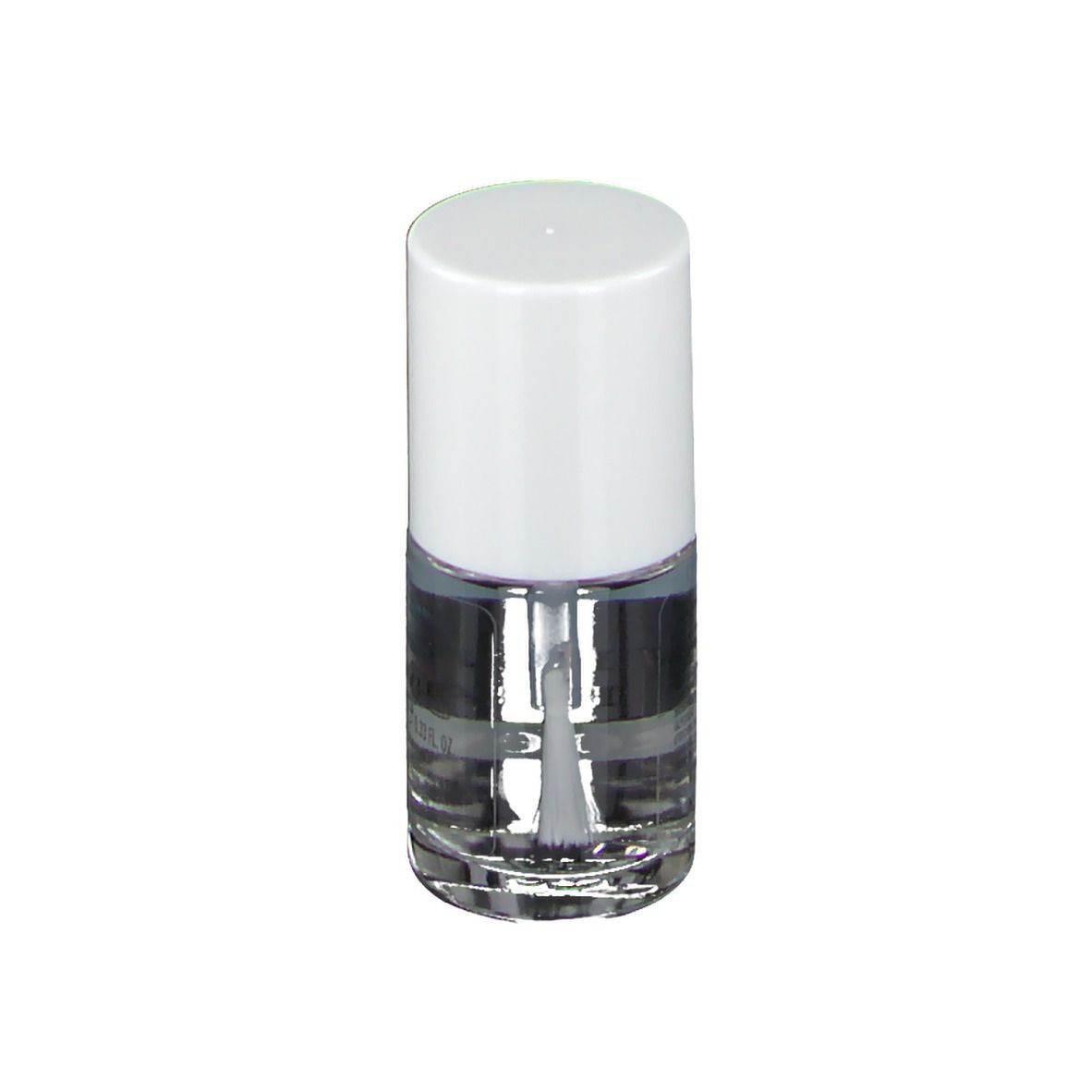 Klare Nagellackflasche mit weißem Deckel. Pinsel ist sichtbar. Auf dem Etikett steht "Vitry Nail Care Pro'expert".