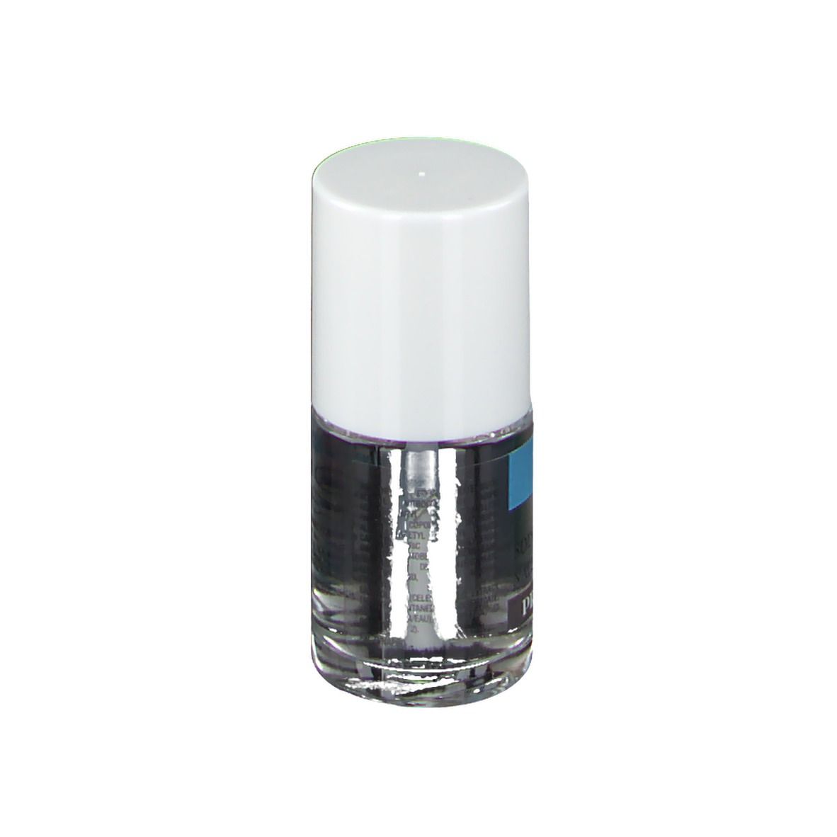 Nagellackflasche mit weißem Deckel. Auf dem Etikett steht "Vitry Nail Care Pro'expert". Pinsel ist sichtbar.