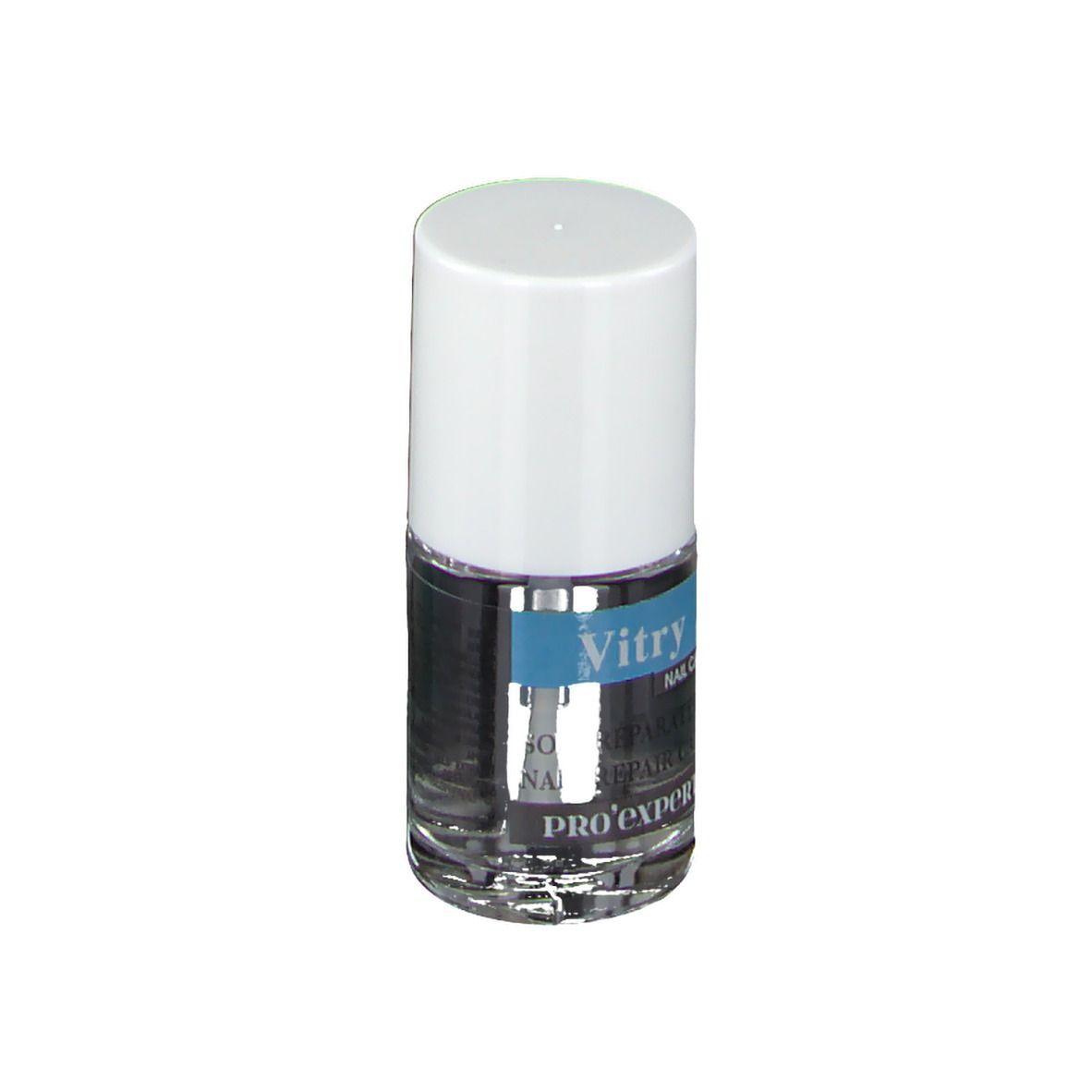 Nagellackflasche mit weißem Deckel. Auf dem Etikett steht "Vitry Nail Care Pro'expert". Pinsel ist sichtbar.