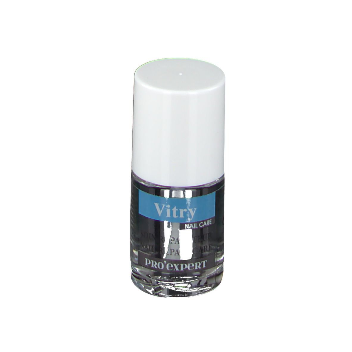 Nagellackflasche mit weißem Deckel. Auf dem Etikett steht "Vitry Nail Care Pro'expert". Pinsel ist sichtbar.