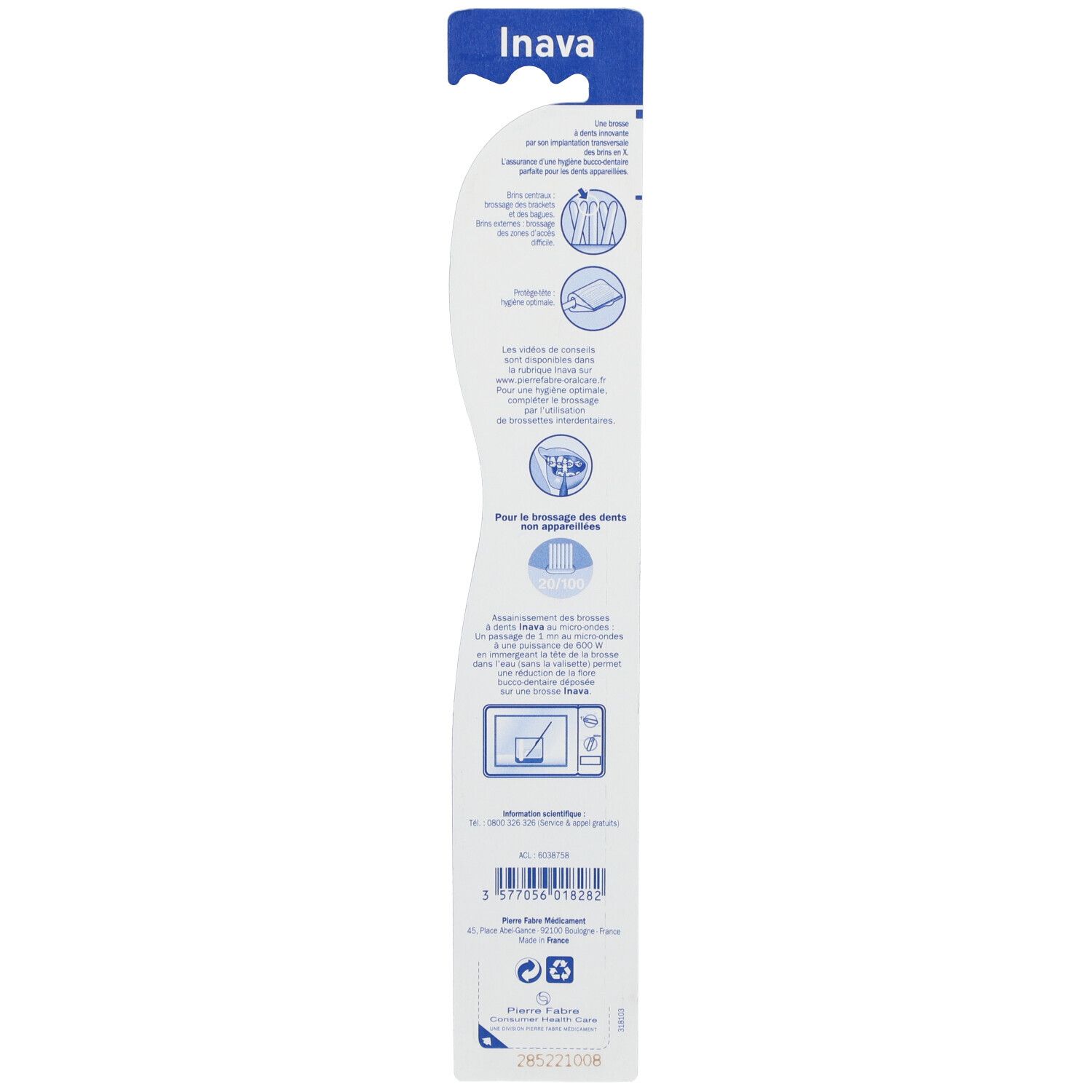 Rückseite der Verpackung der Inava Ortho-X Zahnbürste. Informationen und Illustrationen zur Anwendung.