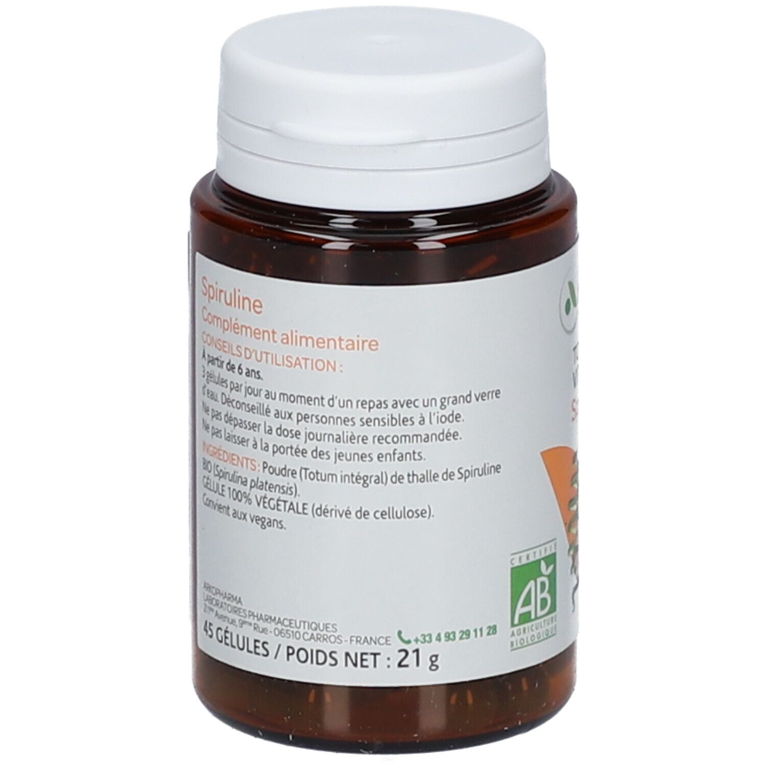 Dos du flacon. Texte: Spiruline, complément alimentaire. Liste des ingrédients, 45 gélules, 21g. Certification AB.