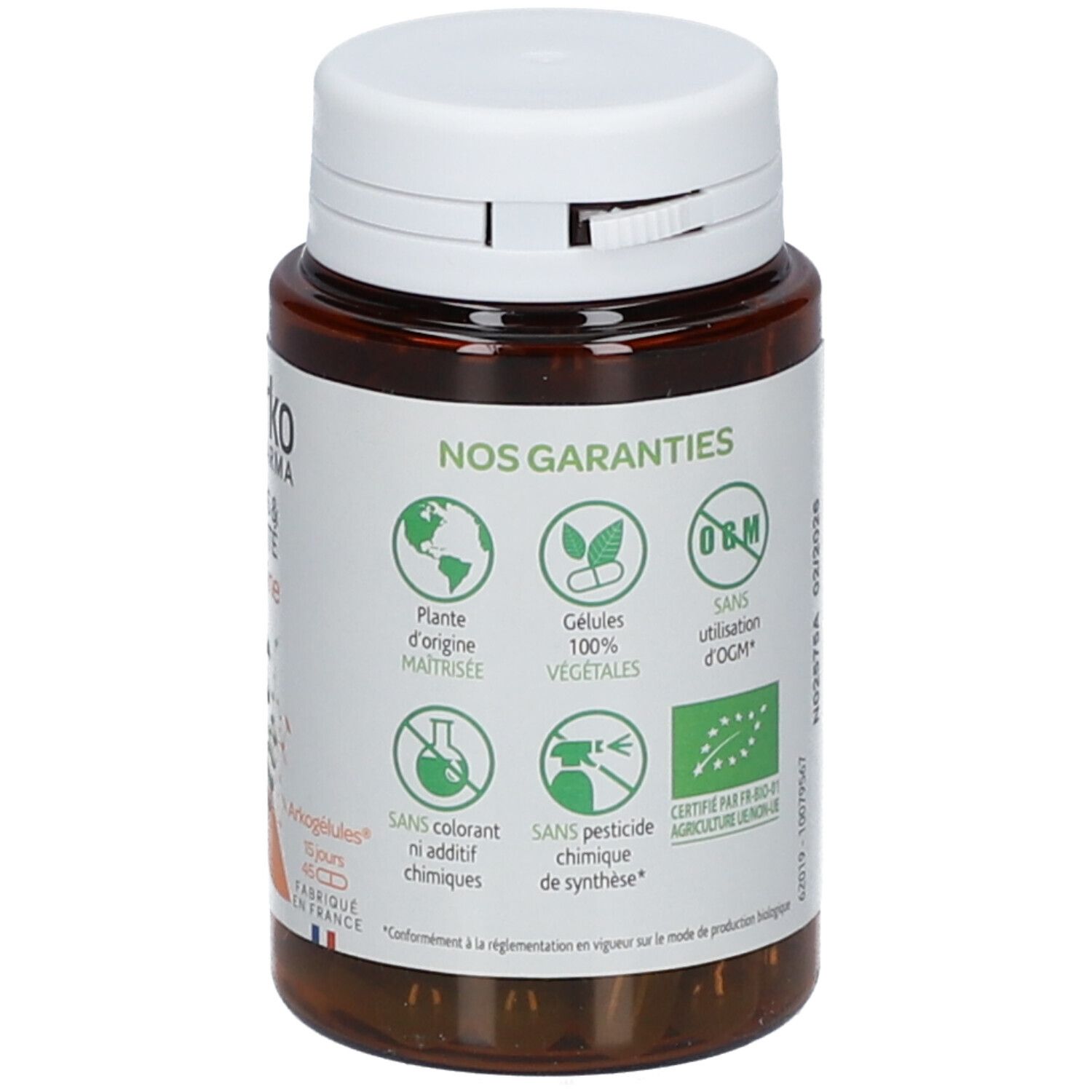 Dos du flacon. Logos: plante, gélules végétales, sans OGM, sans additifs, sans pesticides.