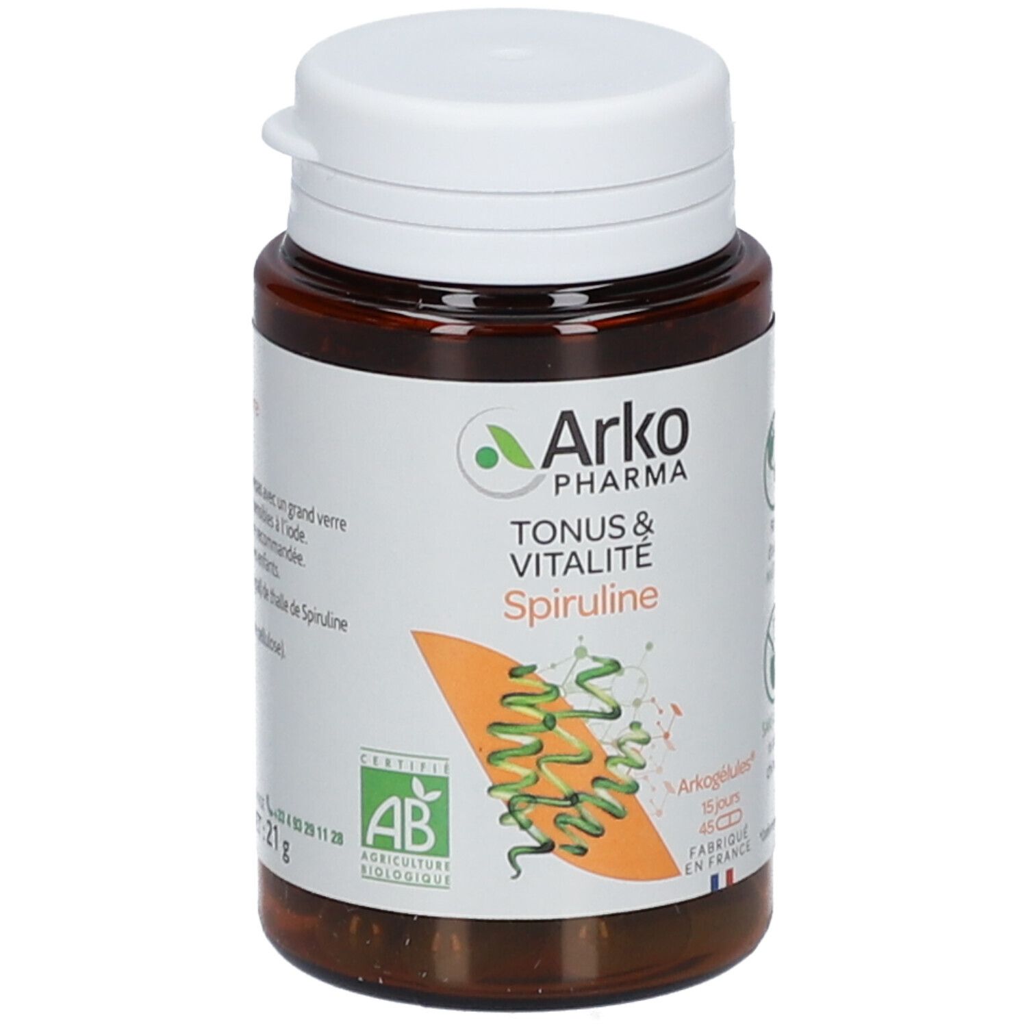 Flacon marron, bouchon blanc. Étiquette: logo, texte Tonus & Vitalité Spiruline. 21g, 45 gélules.