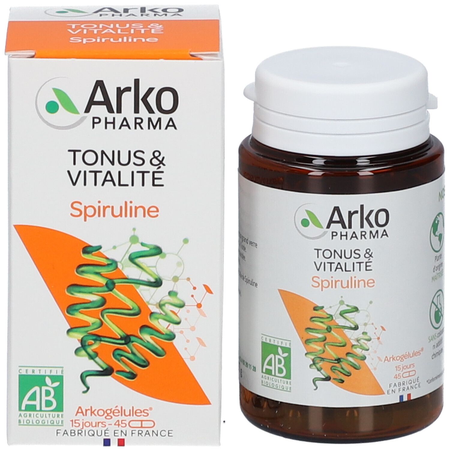Emballage et flacon. Emballage: blanc, orange. Flacon: marron, bouchon blanc. Texte: Spiruline.