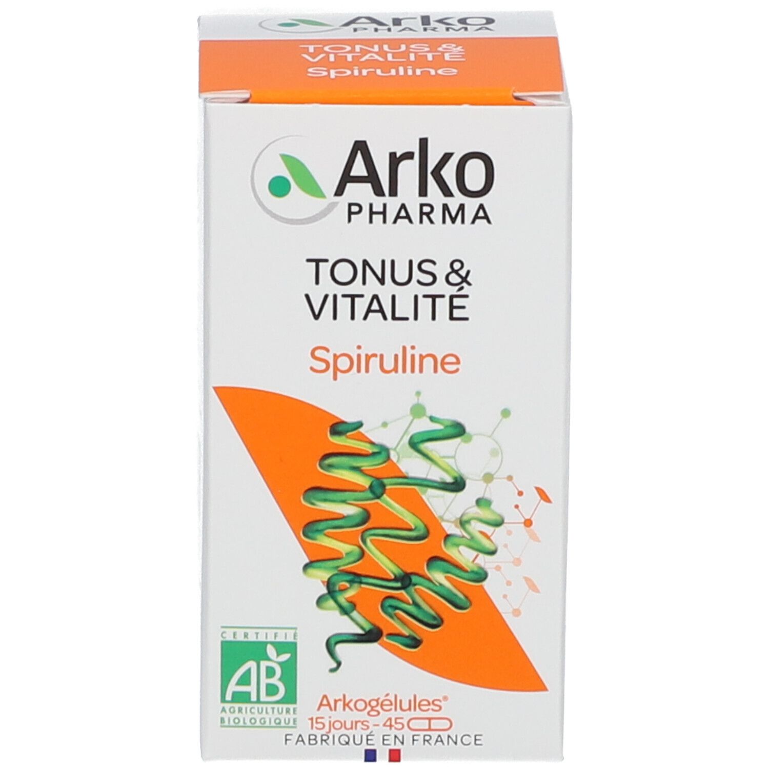Emballage blanc avec design orange. Texte: Tonus & Vitalité Spiruline. Certification AB.