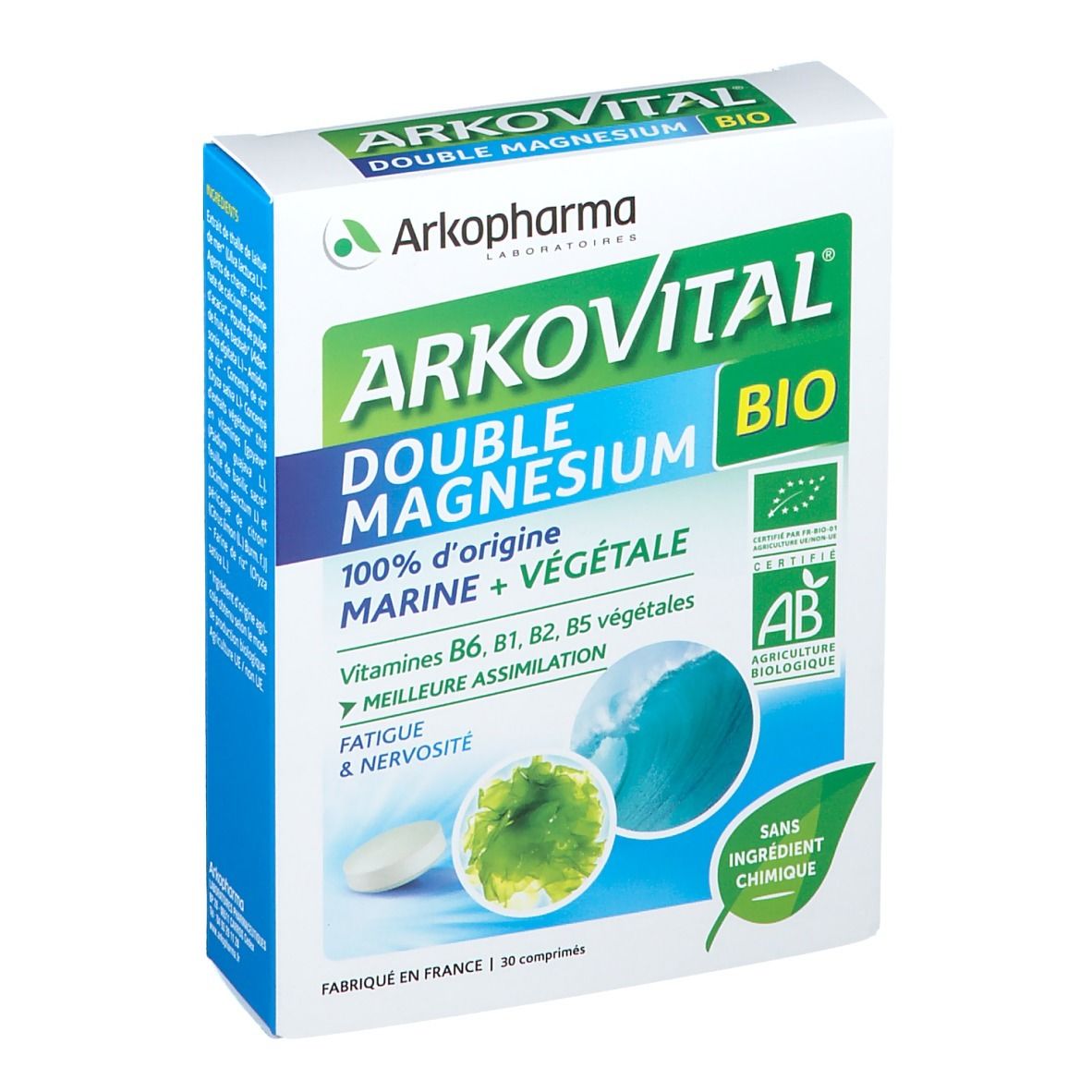 Boîte Arkopharma Arkovital® BIO Double Magnésium. Design vert et blanc, nom et logo visibles. Contient 30 comprimés.