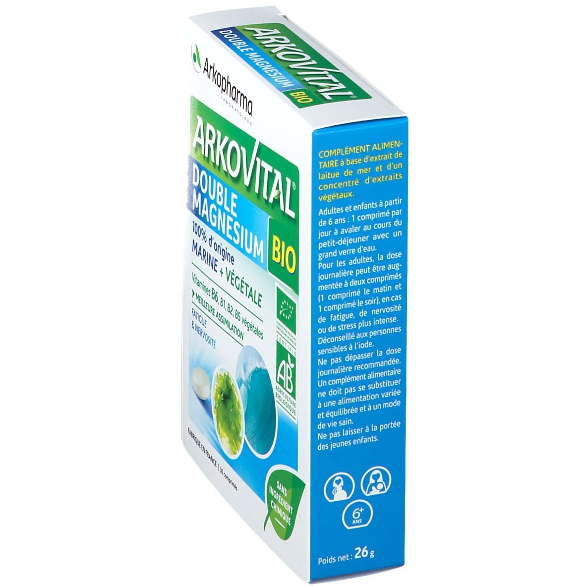 Boîte Arkopharma Arkovital® BIO Double Magnésium, vue latérale. Texte et logo visibles. Contient informations et certifications.