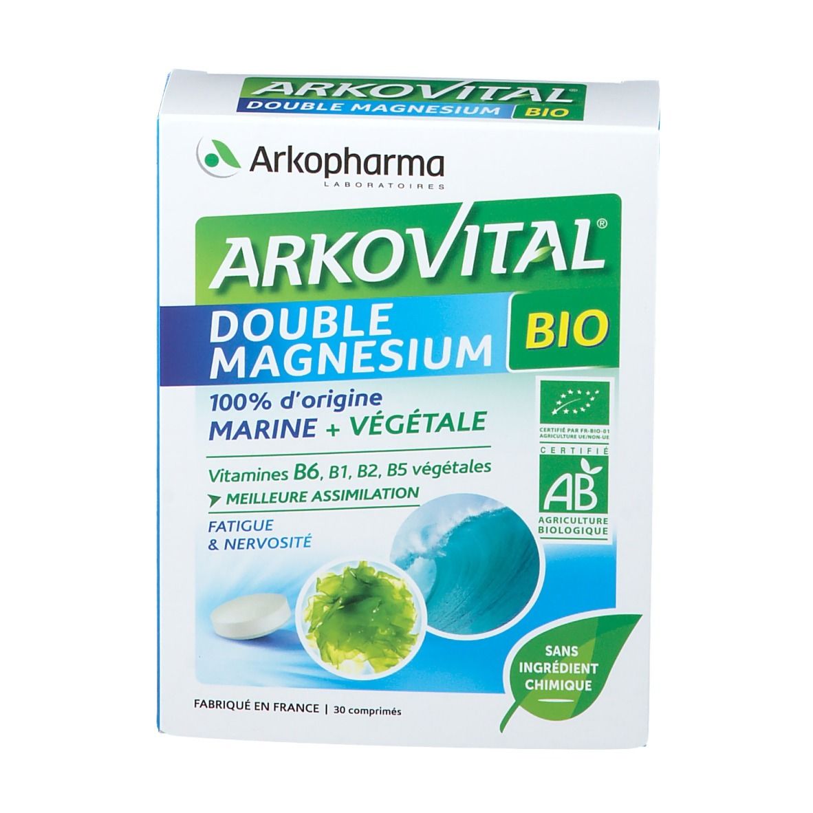 Vue de face de la boîte Arkopharma Arkovital® BIO Double Magnésium. Nom du produit, logo et certifications clairement visibles.