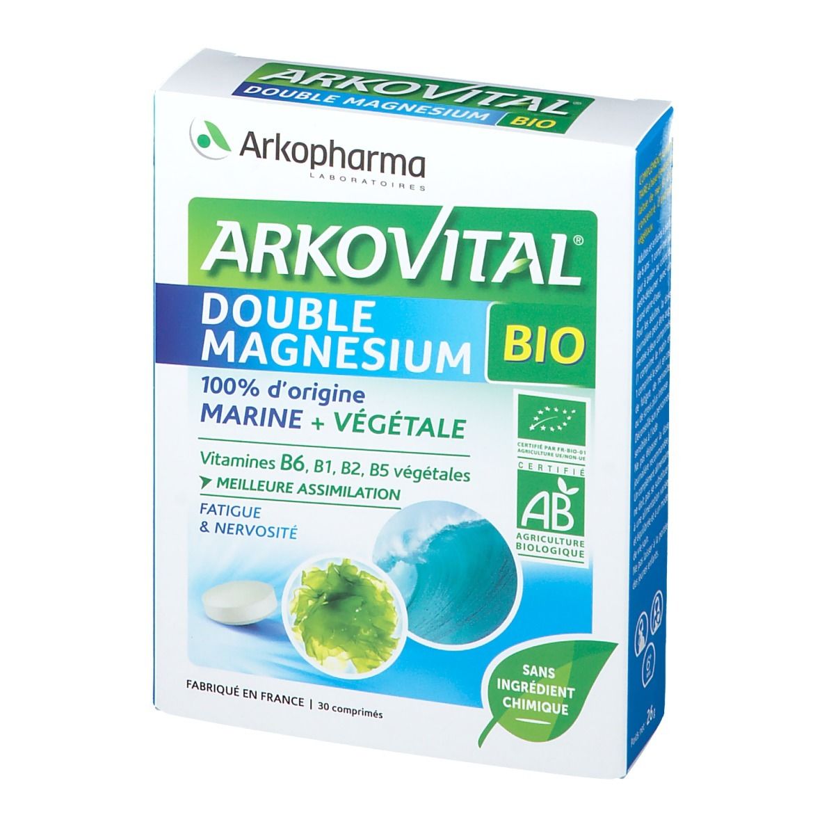Vue de face de la boîte Arkopharma Arkovital® BIO Double Magnésium. Nom du produit, logo et certifications clairement visibles.