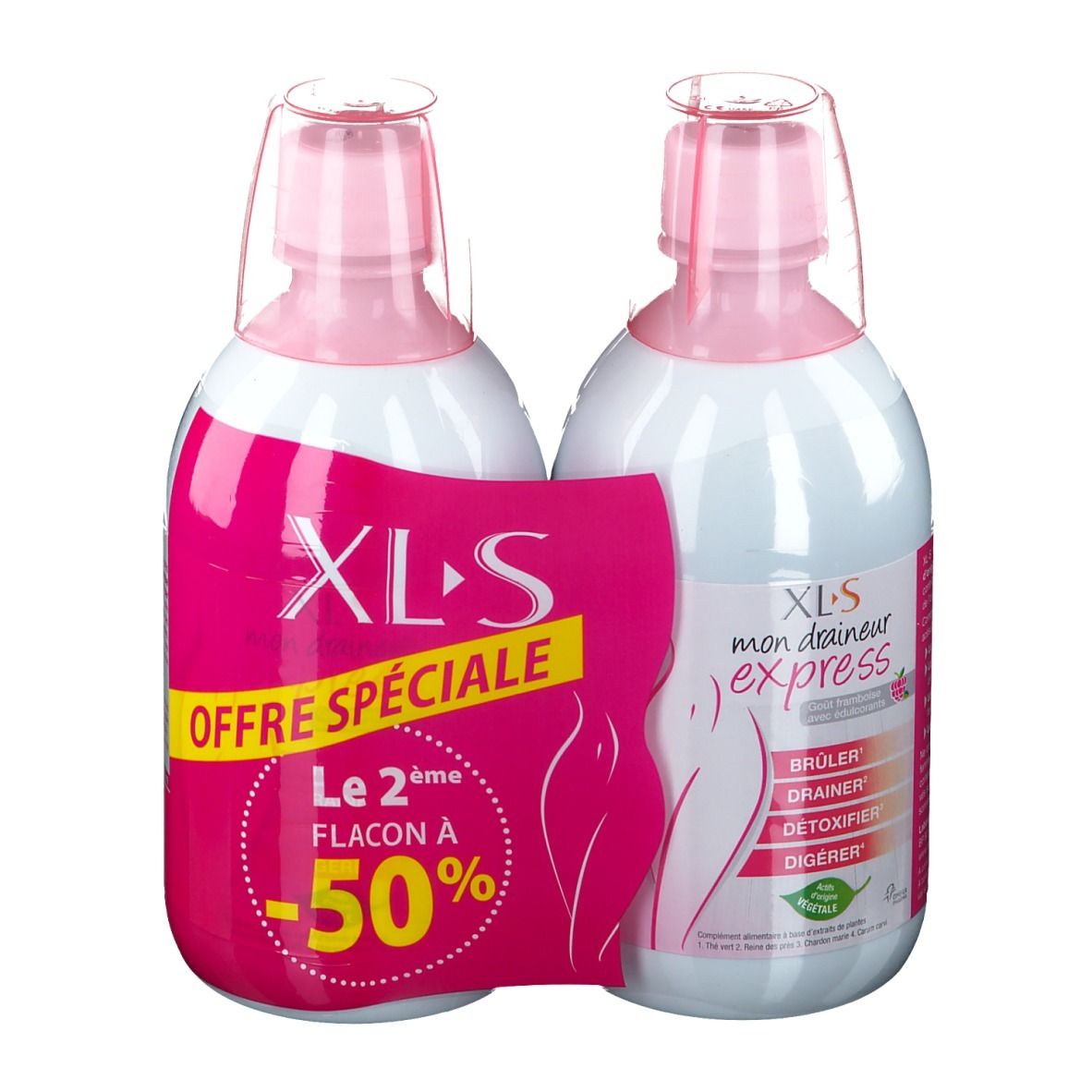 Deux flacons avec bouchons roses et étiquettes. L'un affiche "XLS", l'autre "mon draineur express". Offre spéciale.