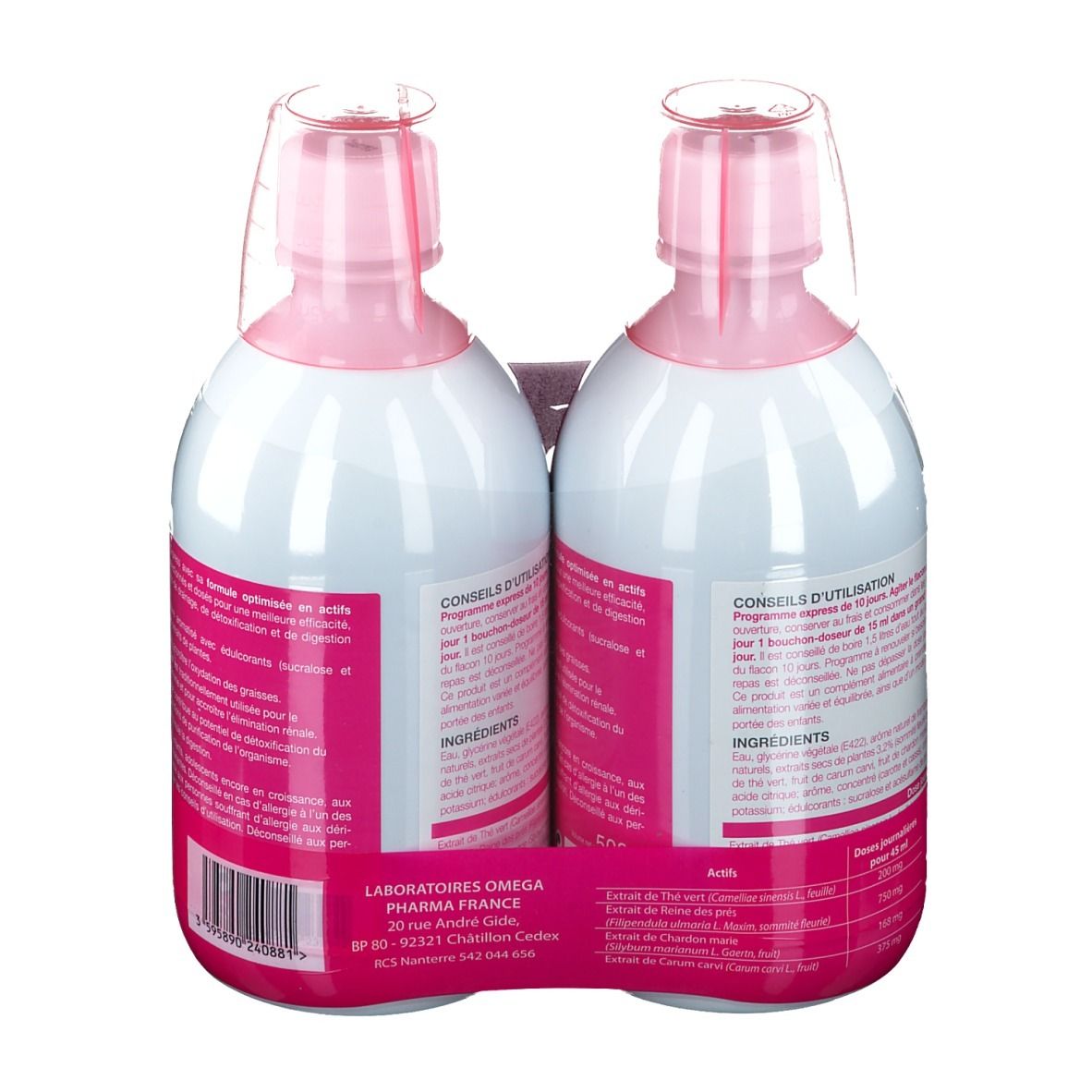 Vue arrière de deux flacons avec bouchons roses. Étiquettes avec texte et ingrédients. Adresse du fabricant: Laboratoires Omega Pharma France.