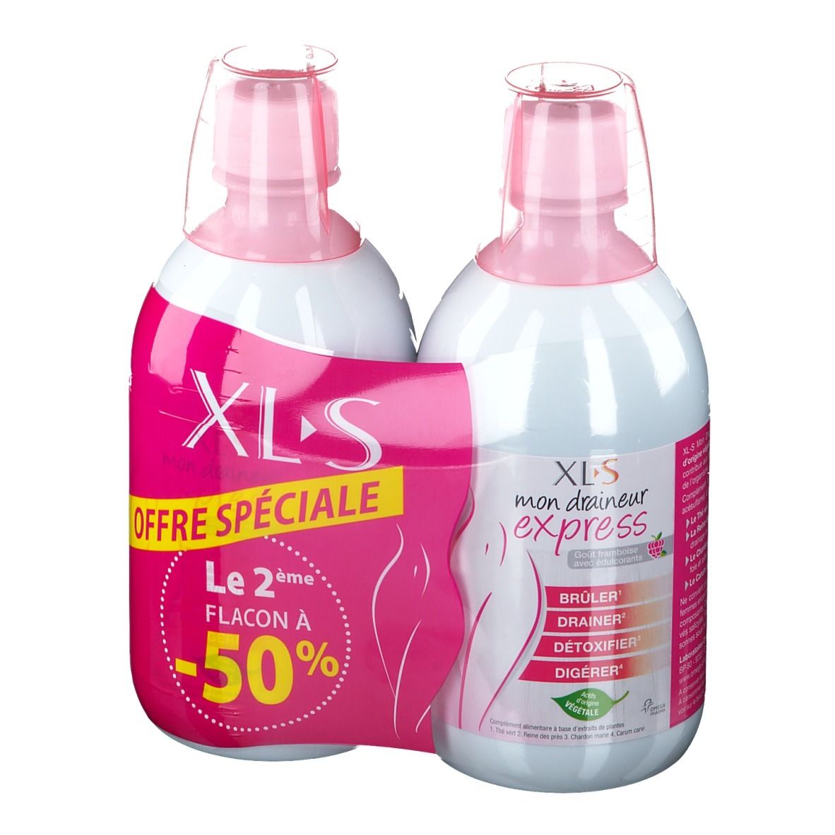 Deux flacons avec bouchons roses et étiquettes. L'un affiche "XLS", l'autre "mon draineur express". Offre spéciale.