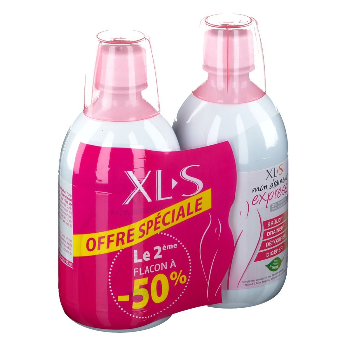 Deux flacons avec bouchons roses et étiquettes. L'un affiche "XLS", l'autre "mon draineur express". Offre spéciale.