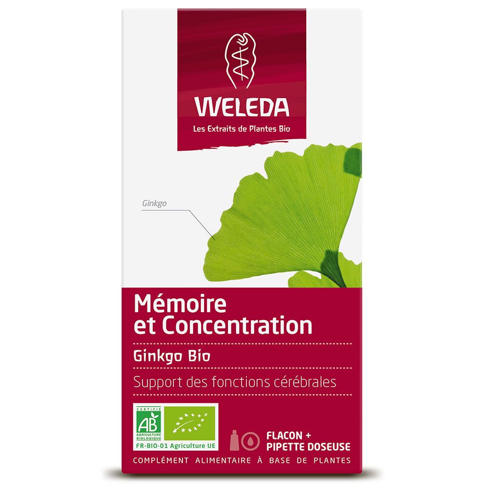 Boîte avec impression du produit. Contient Ginkgo Bio Mémoire et Concentration. Avec labels AB et Bio.