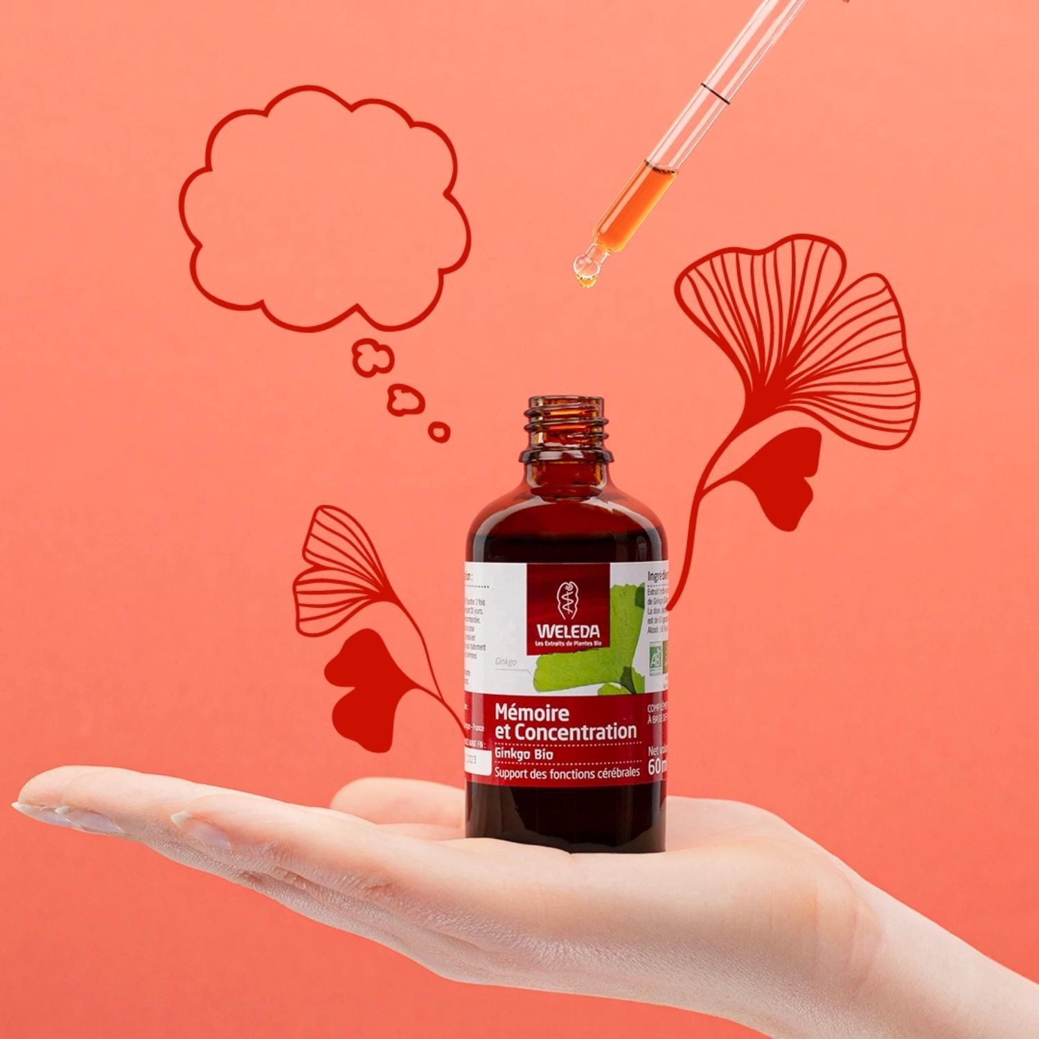 Flacon avec pipette dans la main. Contient Ginkgo Bio Mémoire et Concentration. Avec logo WELEDA.