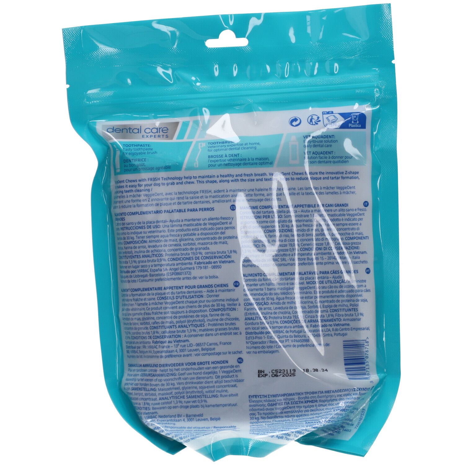 Dos de l'emballage VeggieDent® Fresh Grand Chien. Emballage bleu avec texte. Informations sur les ingrédients et l'utilisation.