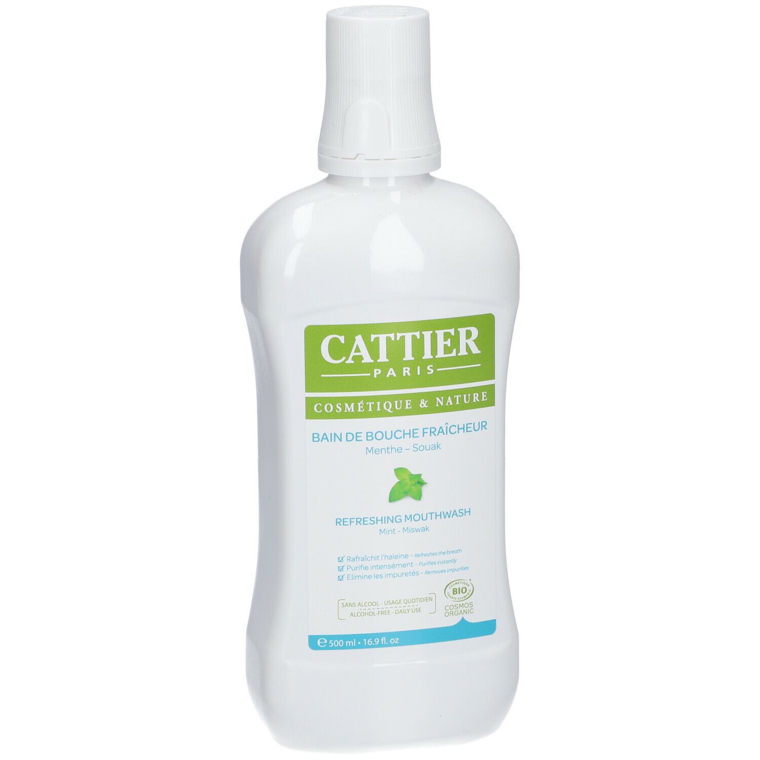 Flacon blanc avec étiquette verte. Inscription: CATTIER PARIS, Bain de Bouche Fraicheur, Refreshing Mouthwash. Menthe-Soins.