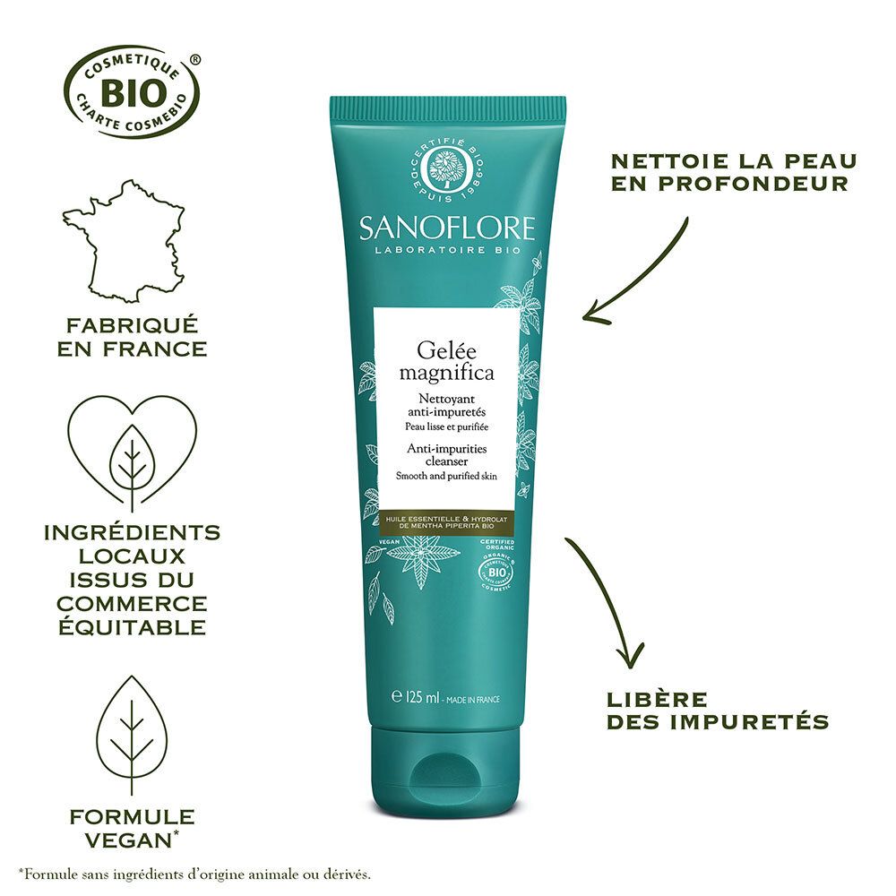 Tube turquoise avec texte du produit. Marque : SANOFLORE. Texte : Gelée magnifica, Nettoyant anti-imperfections. Certification bio. Vegan.