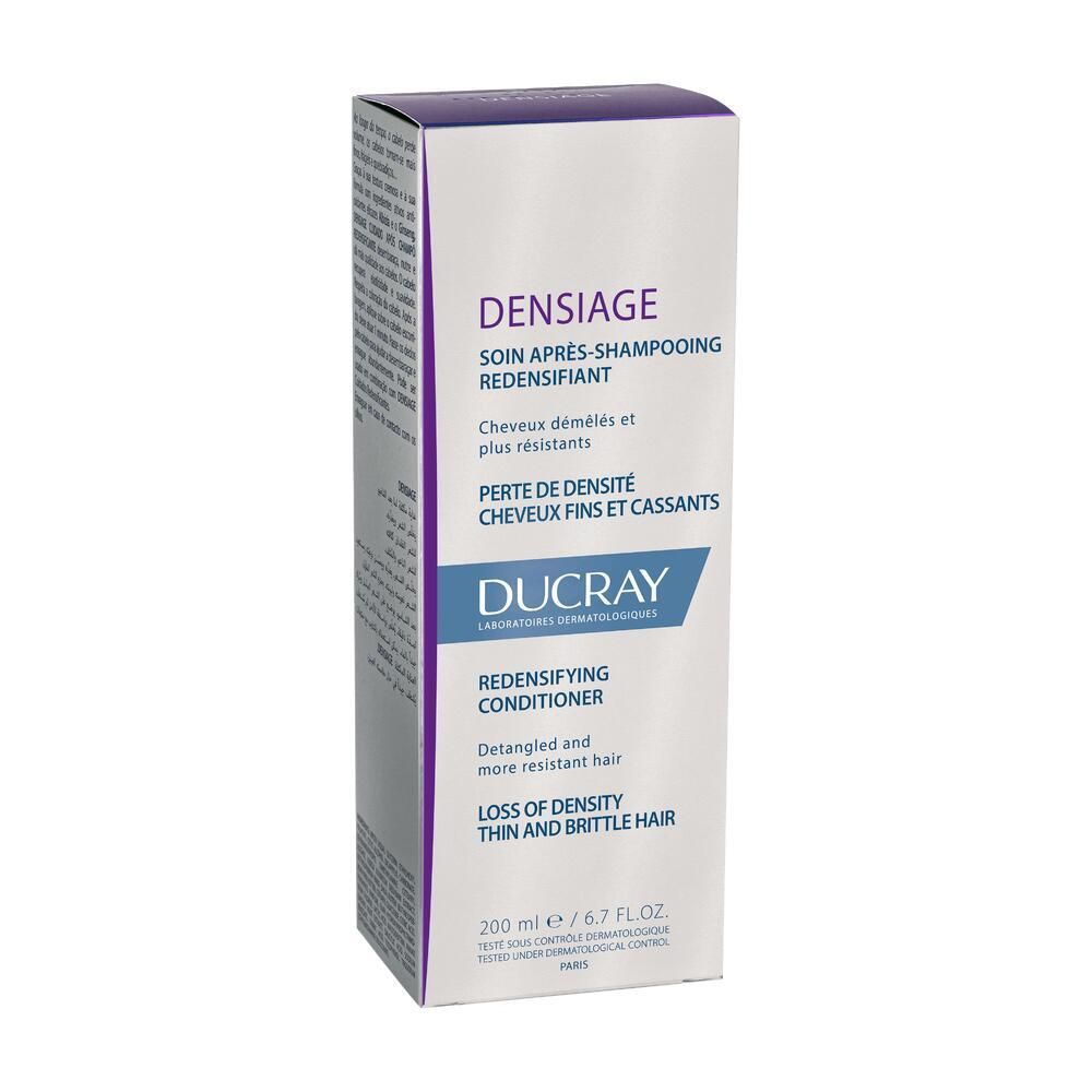 Boîte blanche. Texte: DENSIASE, Soin après-shampooing redensifiant, Perte de densité, DUCRAY, Redensifying Conditioner.