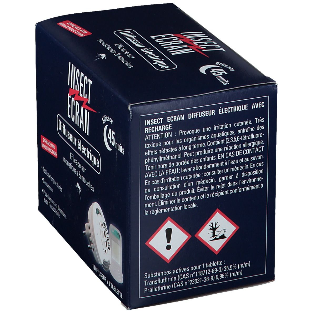 Boîte bleue. INSECT ECRAN, diffuseur électrique. Avertissements et symboles de danger au dos.