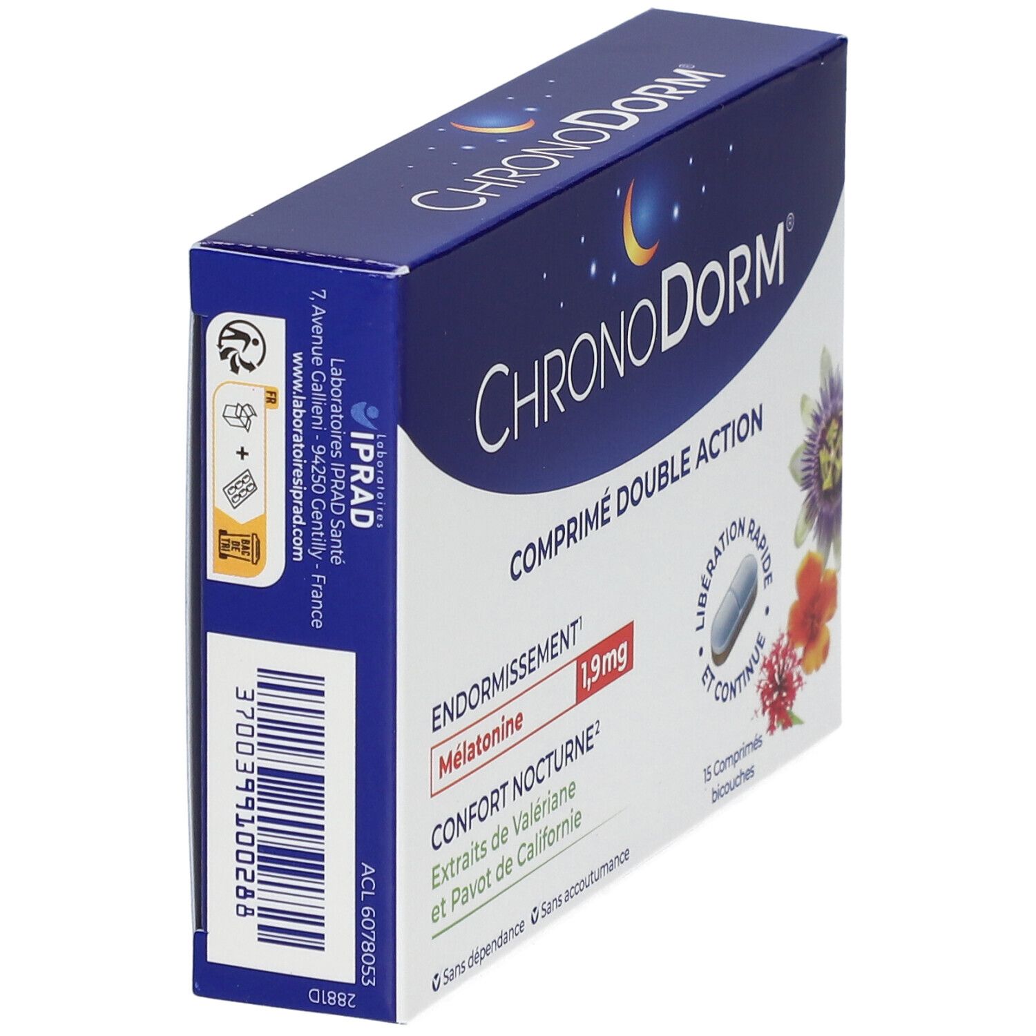 Boîte CHRONODORM® Double action. Emballage bleu avec informations produit et illustrations florales. Vue latérale.
