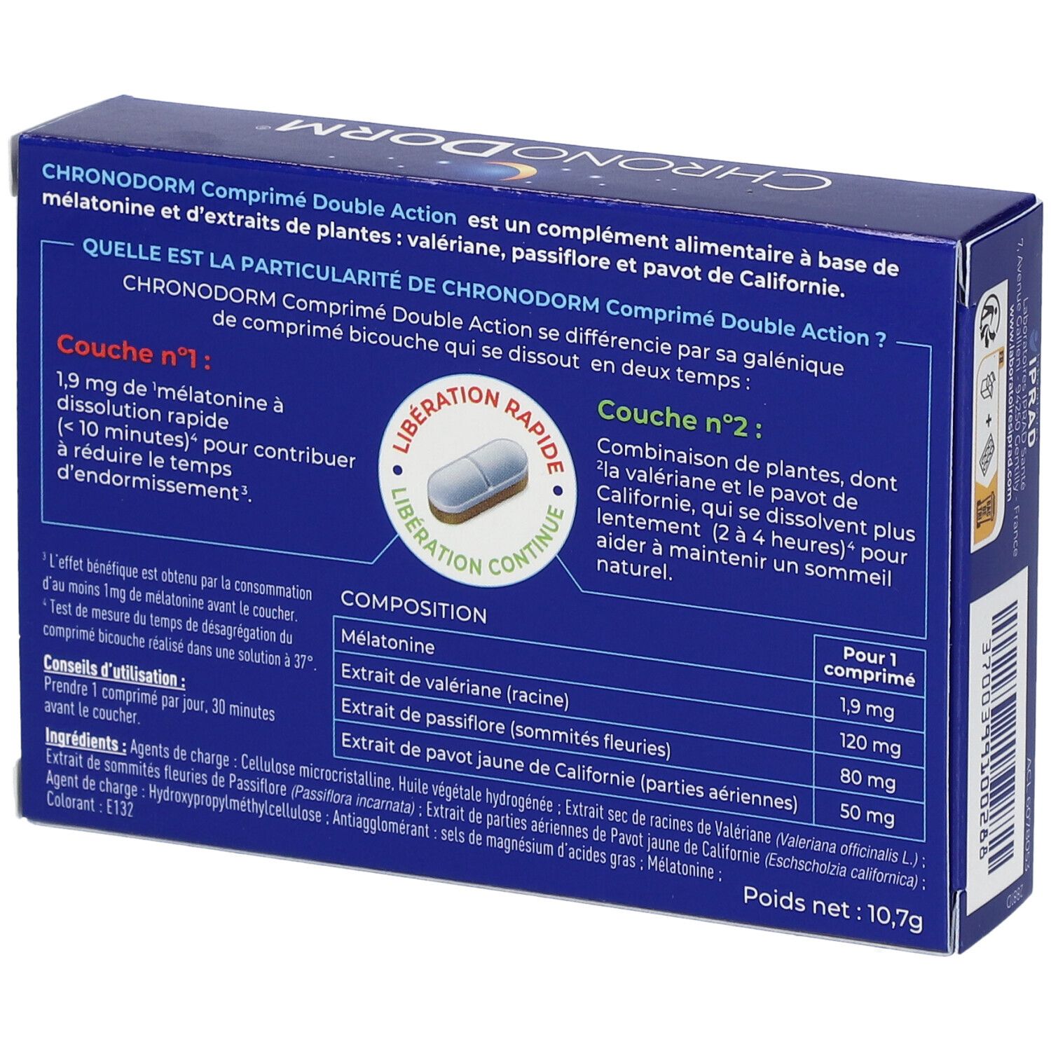 Dos de la boîte CHRONODORM® Double action. Contient informations produit, ingrédients et posologie.