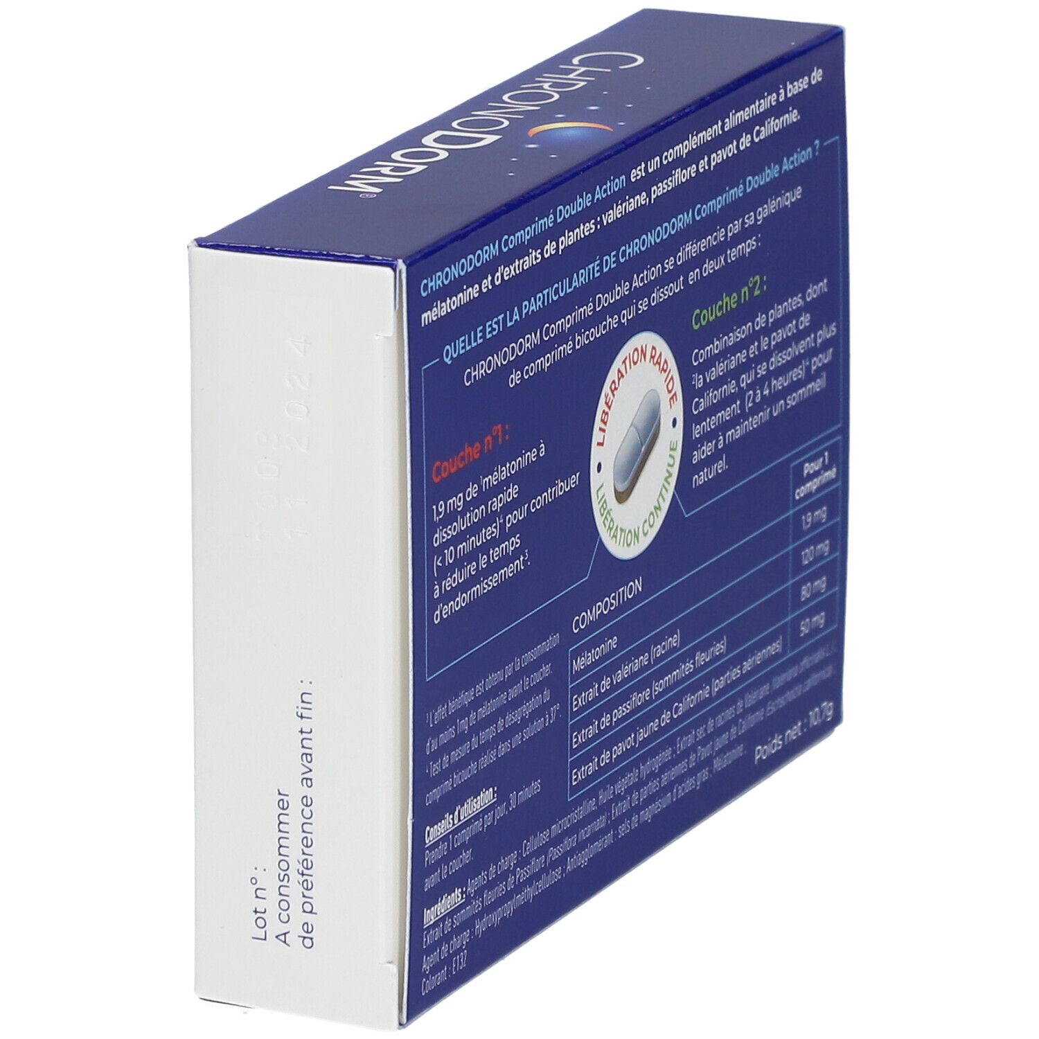 Vue latérale de la boîte CHRONODORM® Double action. Contient informations et date de péremption.