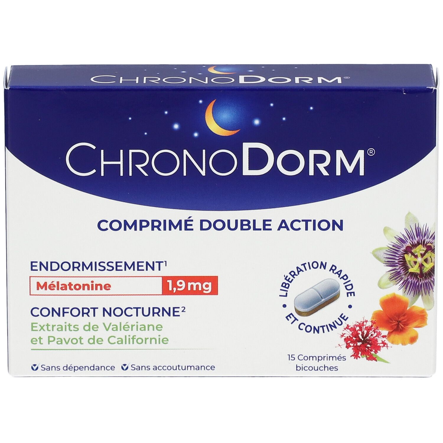 Boîte CHRONODORM® Double action. Emballage bleu avec informations produit et illustrations florales.