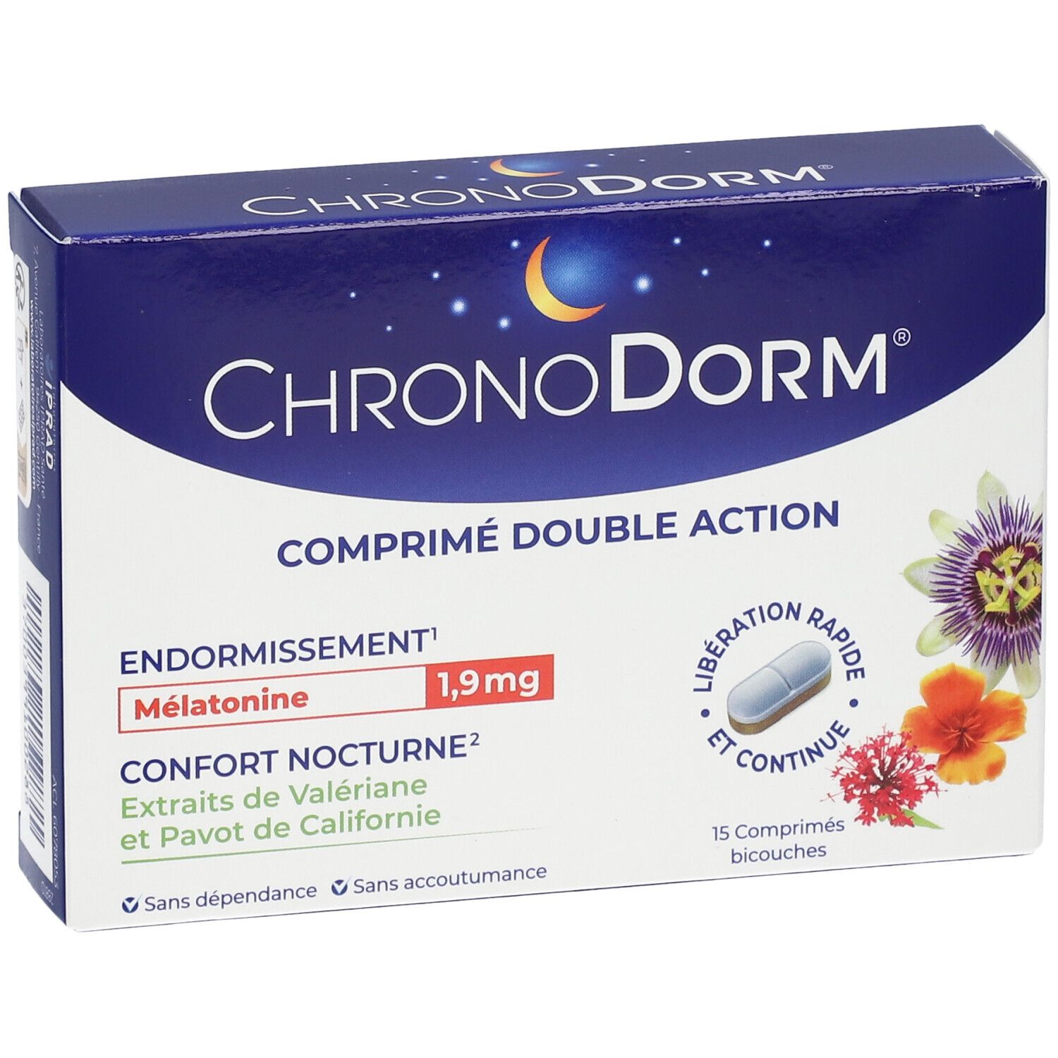 Boîte CHRONODORM® Double action. Emballage bleu avec informations produit et illustrations florales.