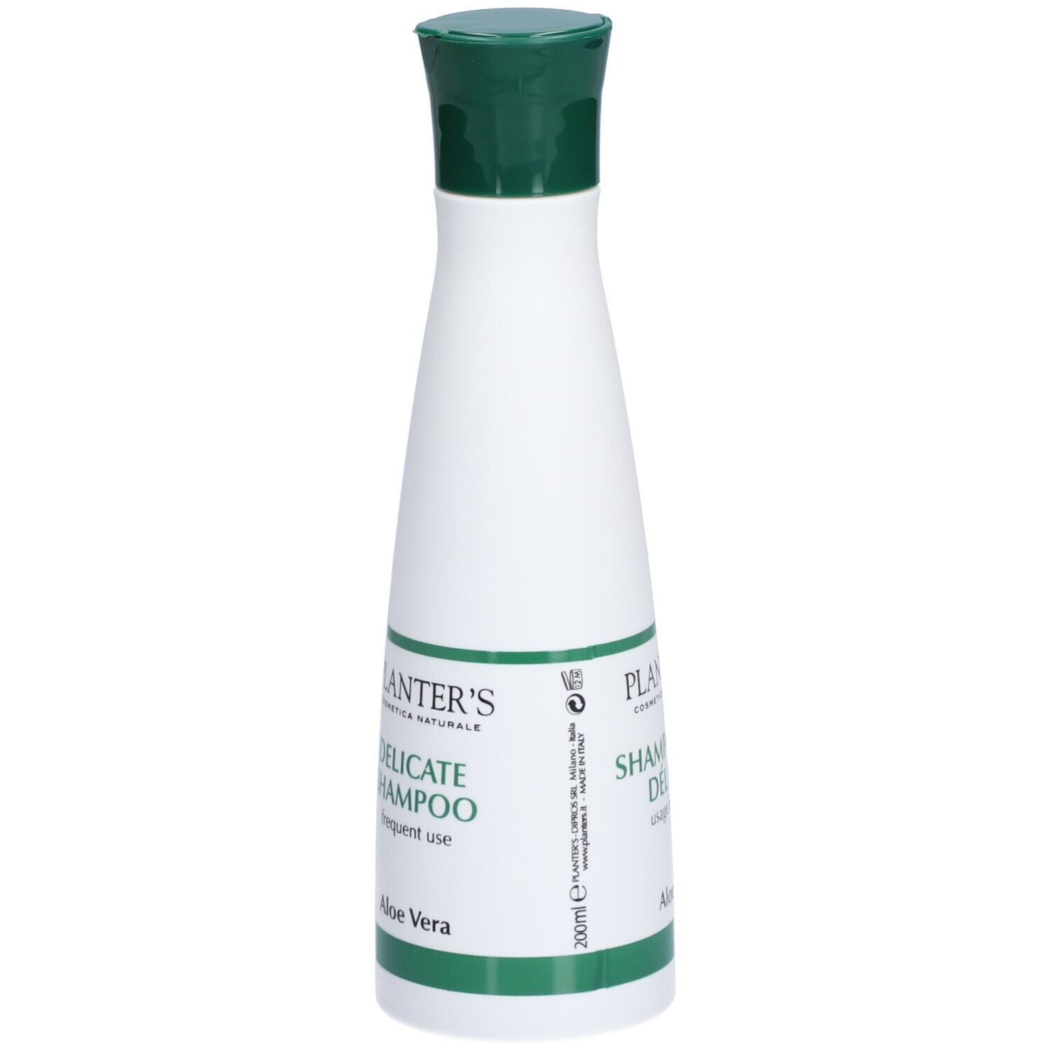 Flacon blanc et vert. Bouchon vert. Texte: PLANTER'S, Delicate Shampoo, Aloe Vera.