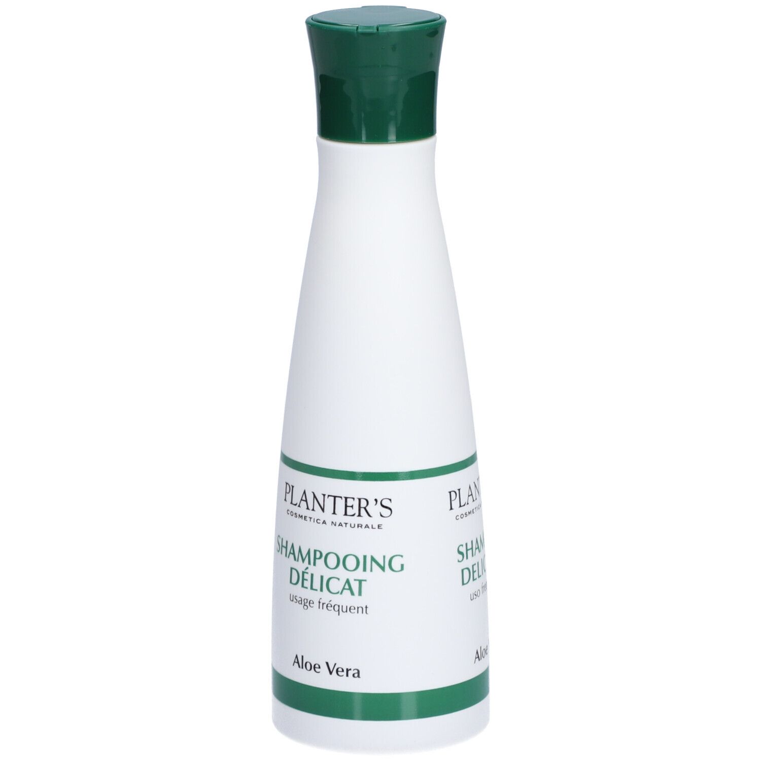 Flacon blanc et vert. Bouchon vert. Texte: PLANTER'S, Shampoing Délicat, Aloe Vera.