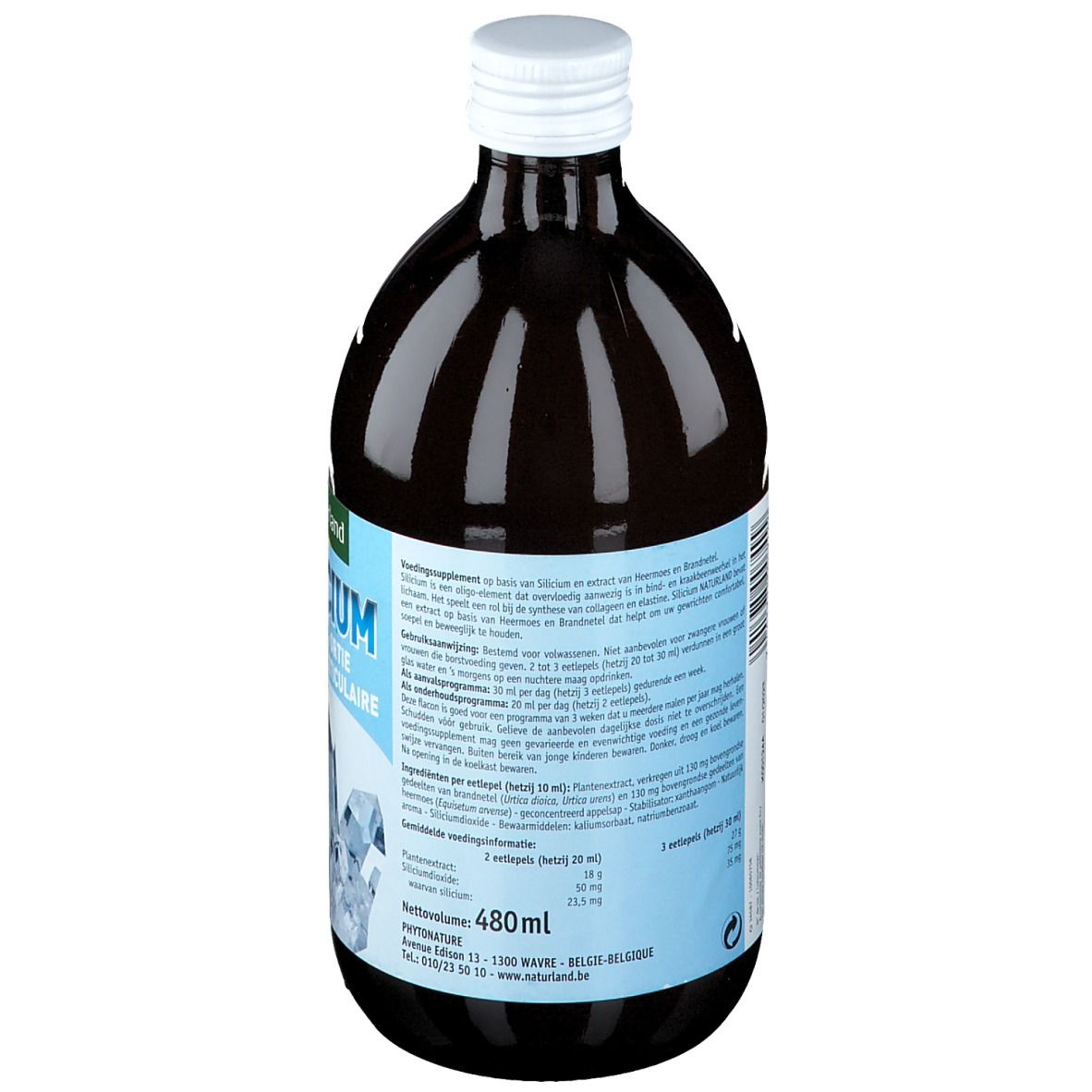 Rückseite einer braunen Glasflasche mit weißem Deckel. Text in Niederländisch. Aufschrift: Naturland SILICIUM. Volumen: 480 ml.