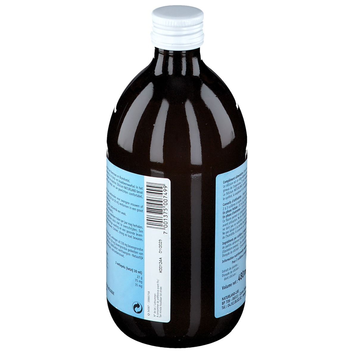 Rückseite einer braunen Glasflasche mit weißem Deckel. Text und Barcode. Volumen: 480 ml.