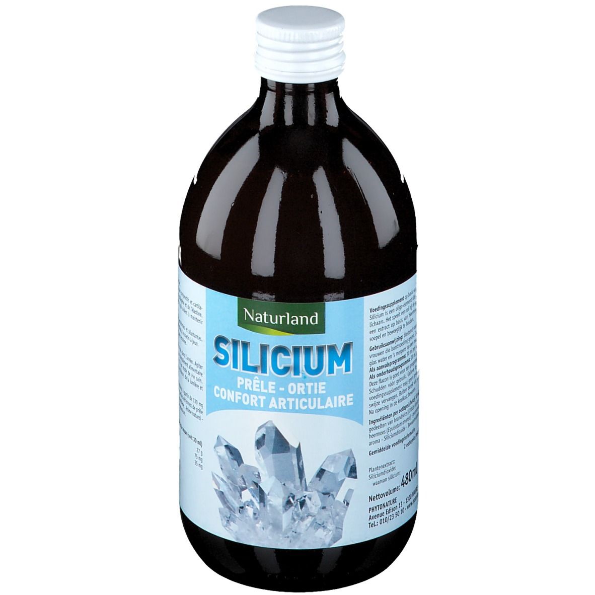 Braune Glasflasche mit weißem Deckel. Aufschrift: Naturland SILICIUM, Prêle-Ortie, Confort Articulaire. Volumen: 480 ml.